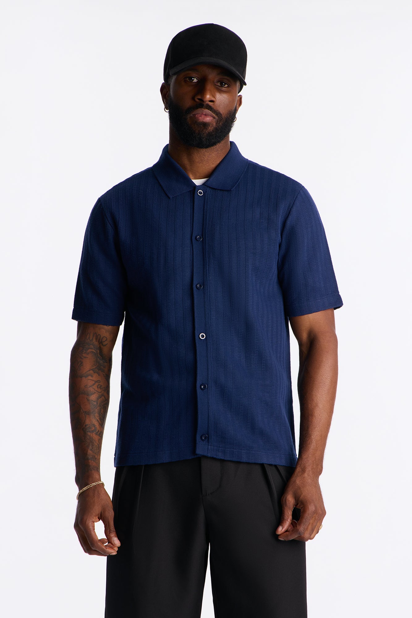 Shadow Button Striped Button Up - Navy