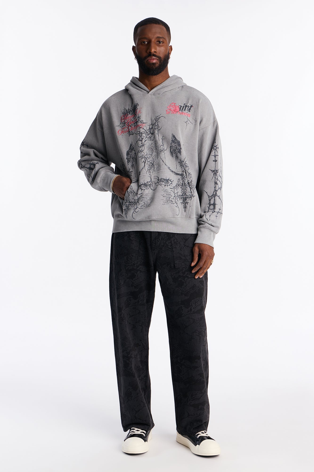 Baggy Floral Print Jean - Black Wash