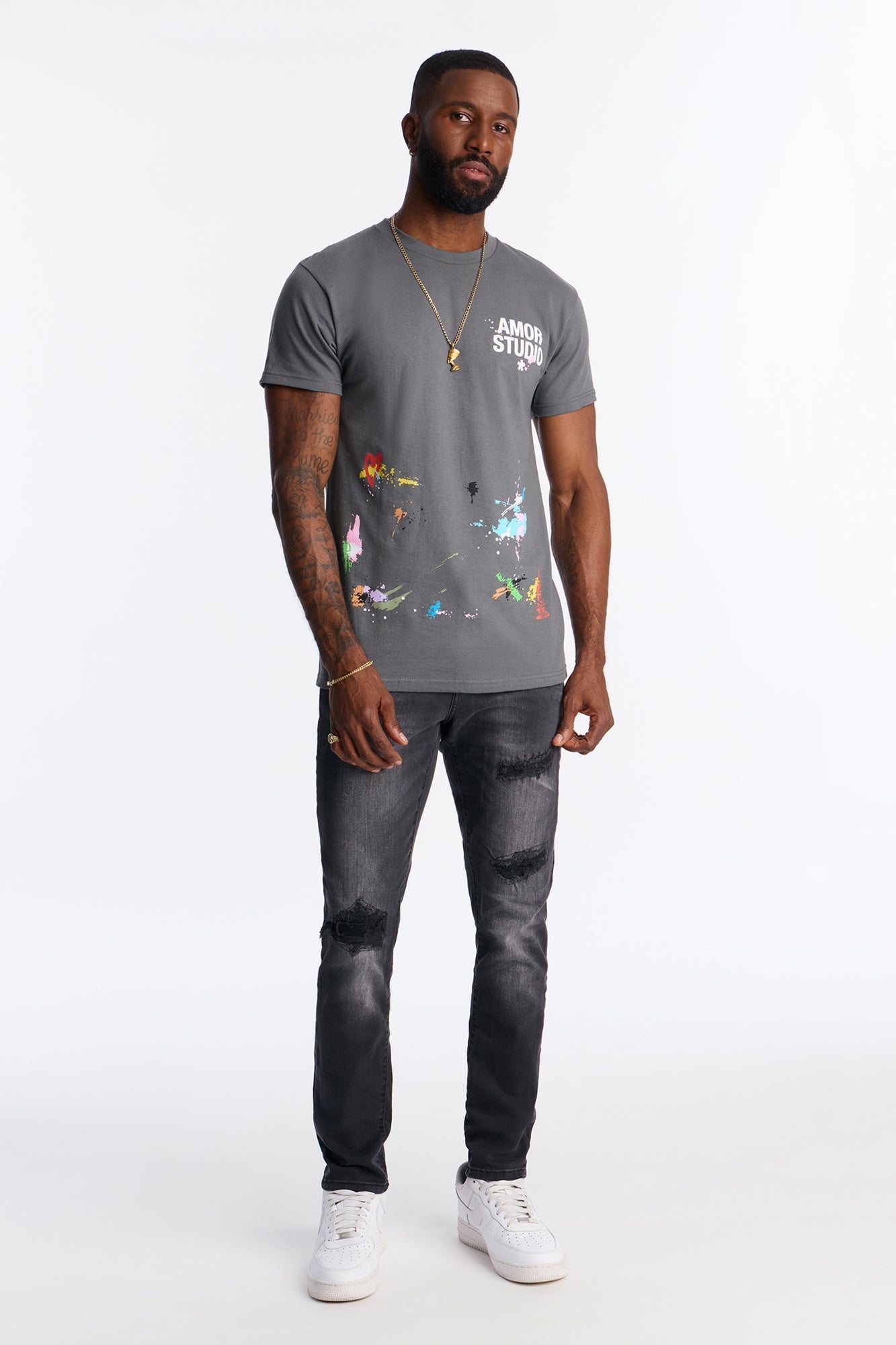 Amor Studio Paint Splatter Short Sleeve Tee - Charcoal