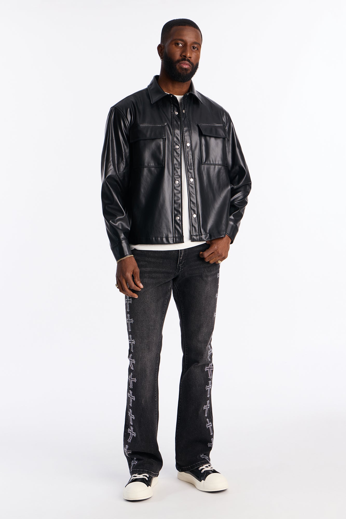 Cropped On Command Faux Leather Button Up Shirt - Black