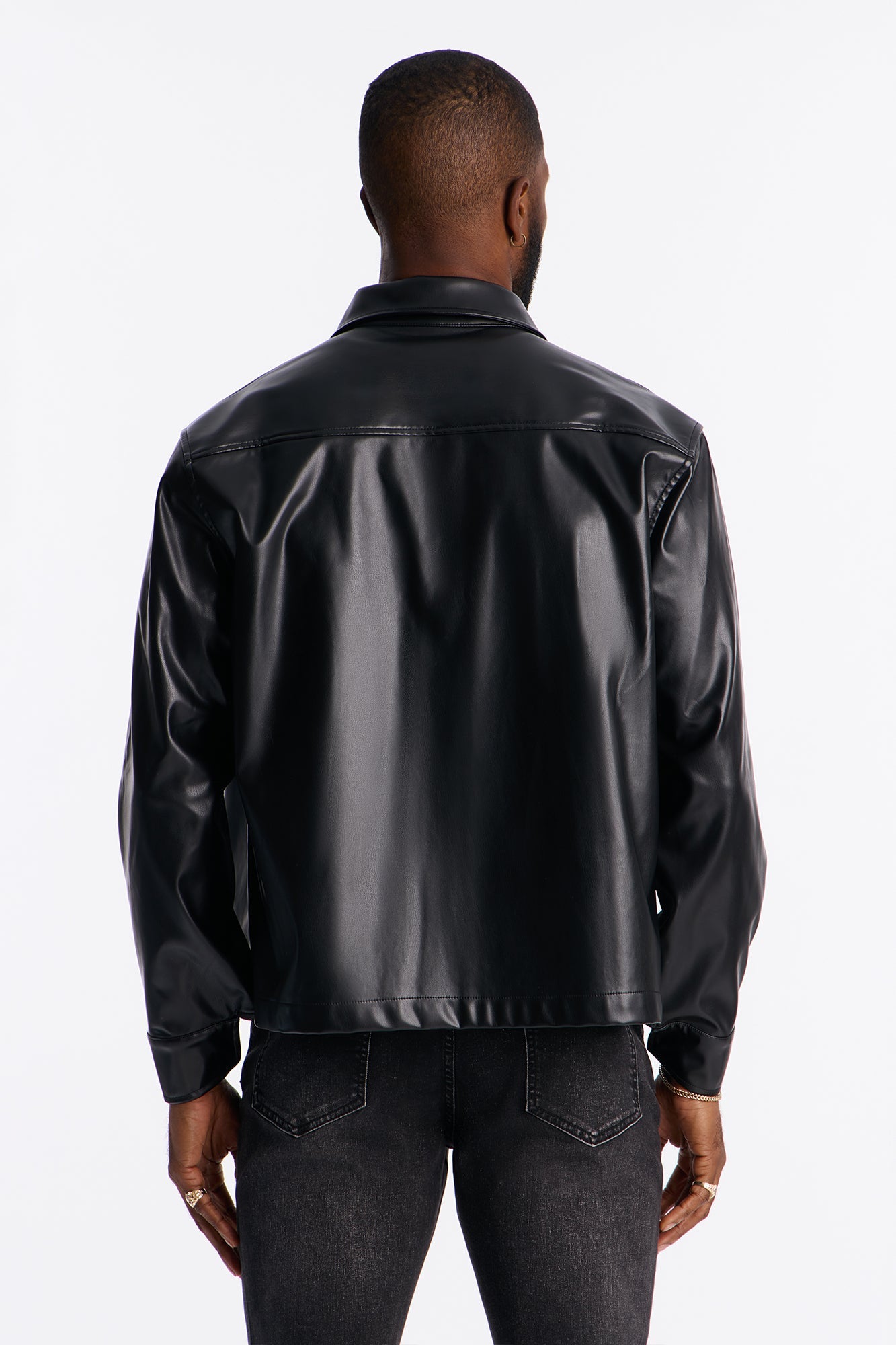 Cropped On Command Faux Leather Button Up Shirt - Black