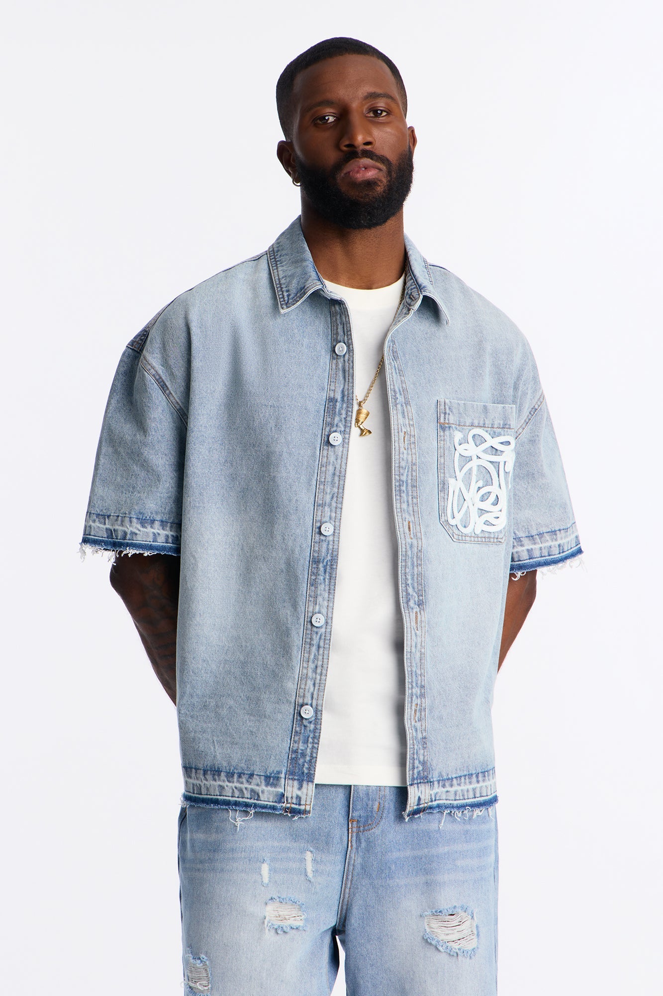 Relaxed Cropped Coastal Applique Denim Shirt - Light Blue Wash