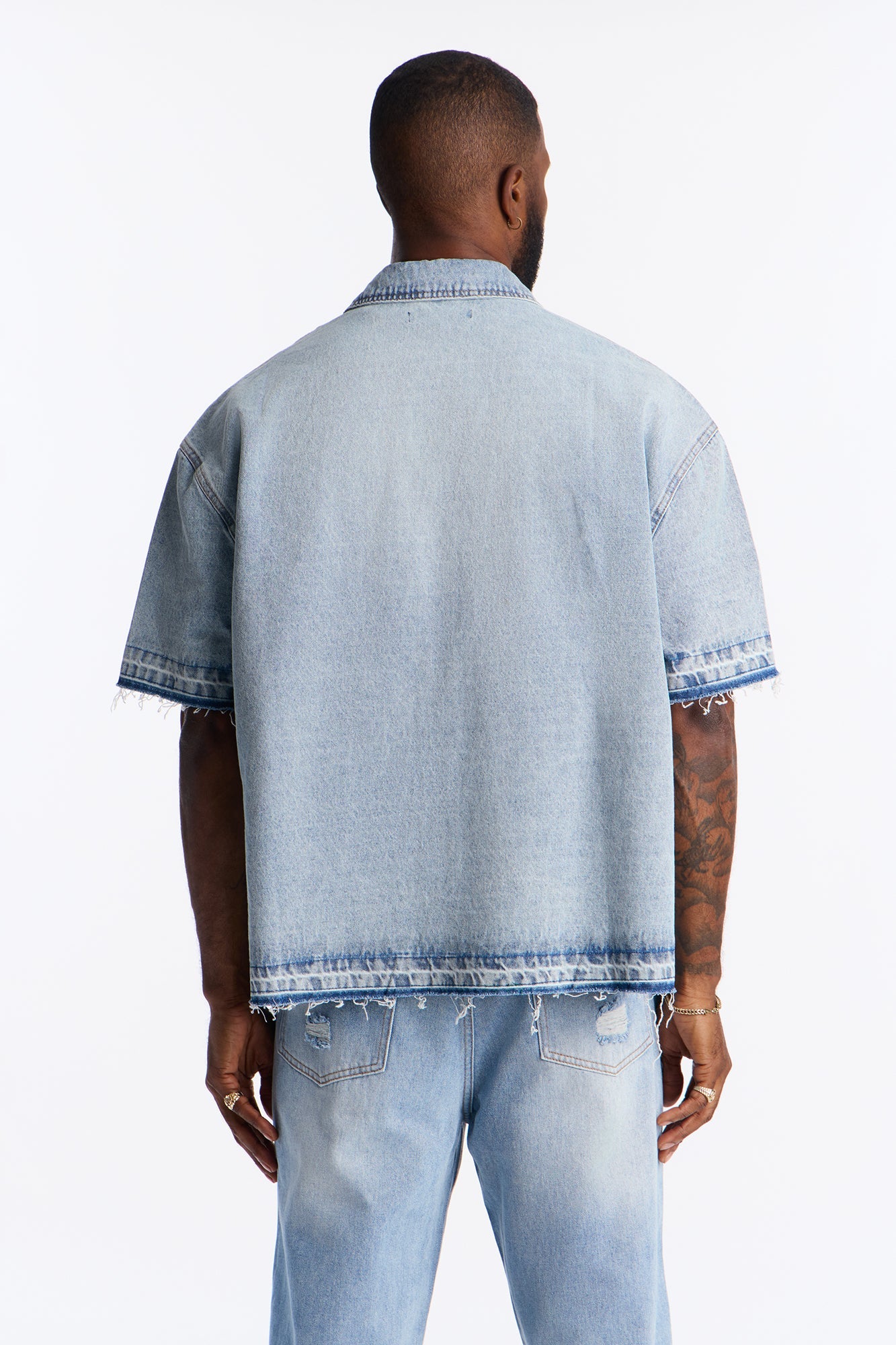 Relaxed Cropped Coastal Applique Denim Shirt - Light Blue Wash