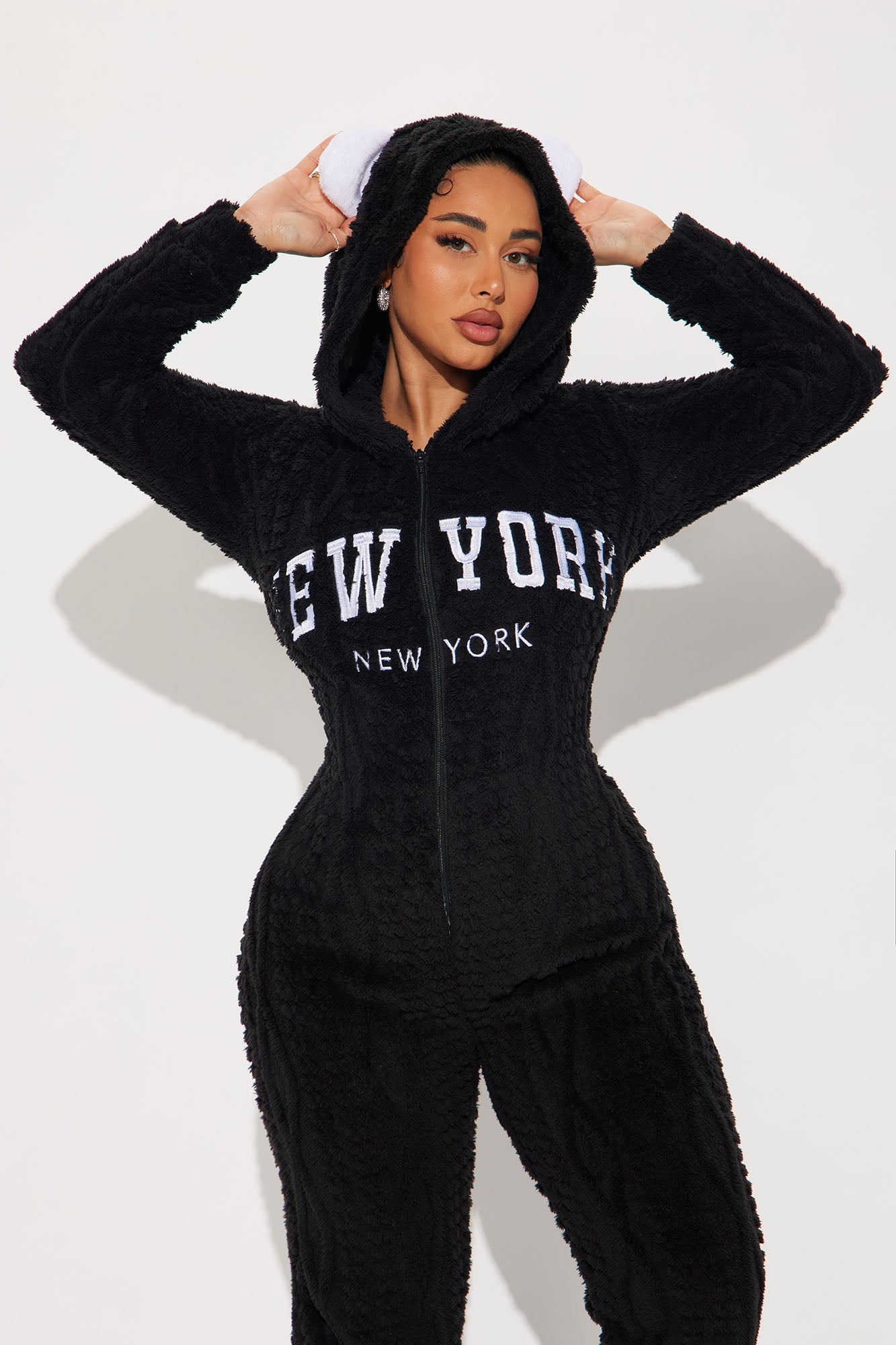 New York Plush Hooded PJ Jumpsuit Onesie - Black