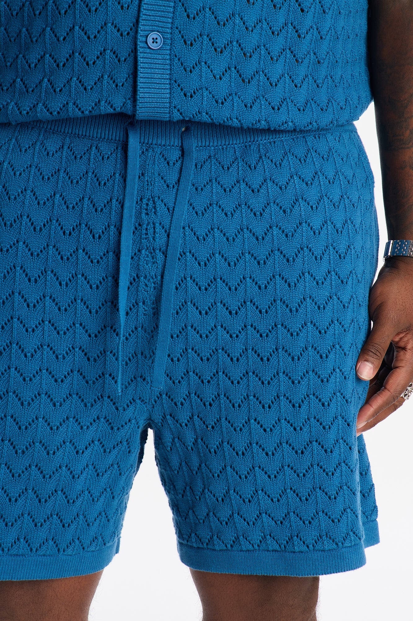 Waterfall Texture Open Knit Shorts - Slate Blue