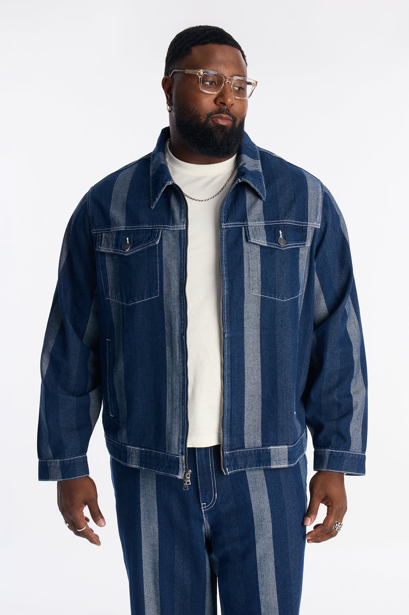 Two Tone Stripe Denim Work Jacket - Dark Wash
