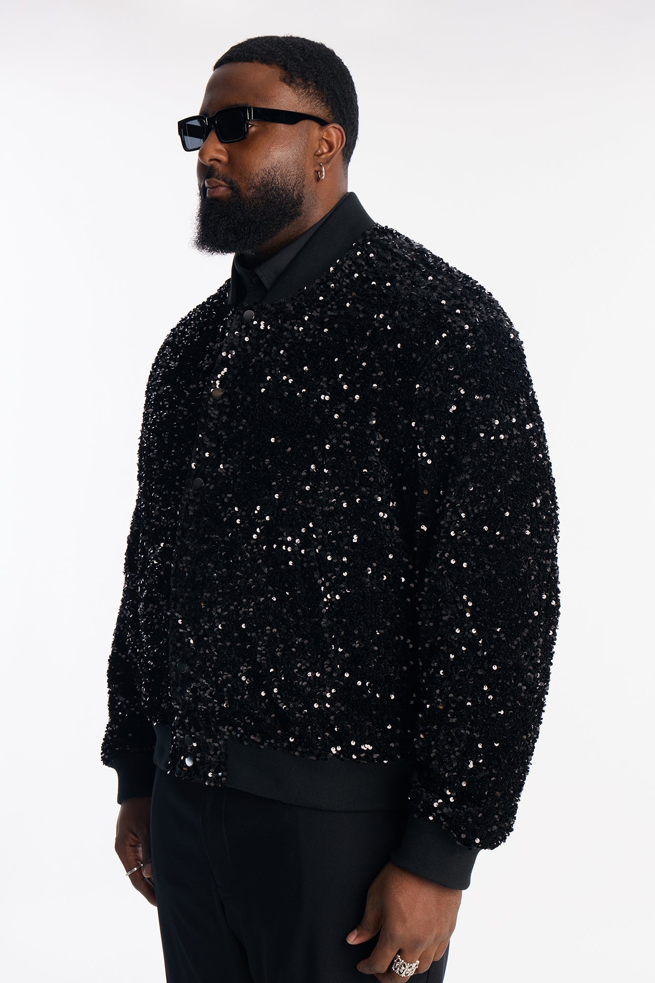 Textured Blinged Out Sequin Bomber Jacket - Black
