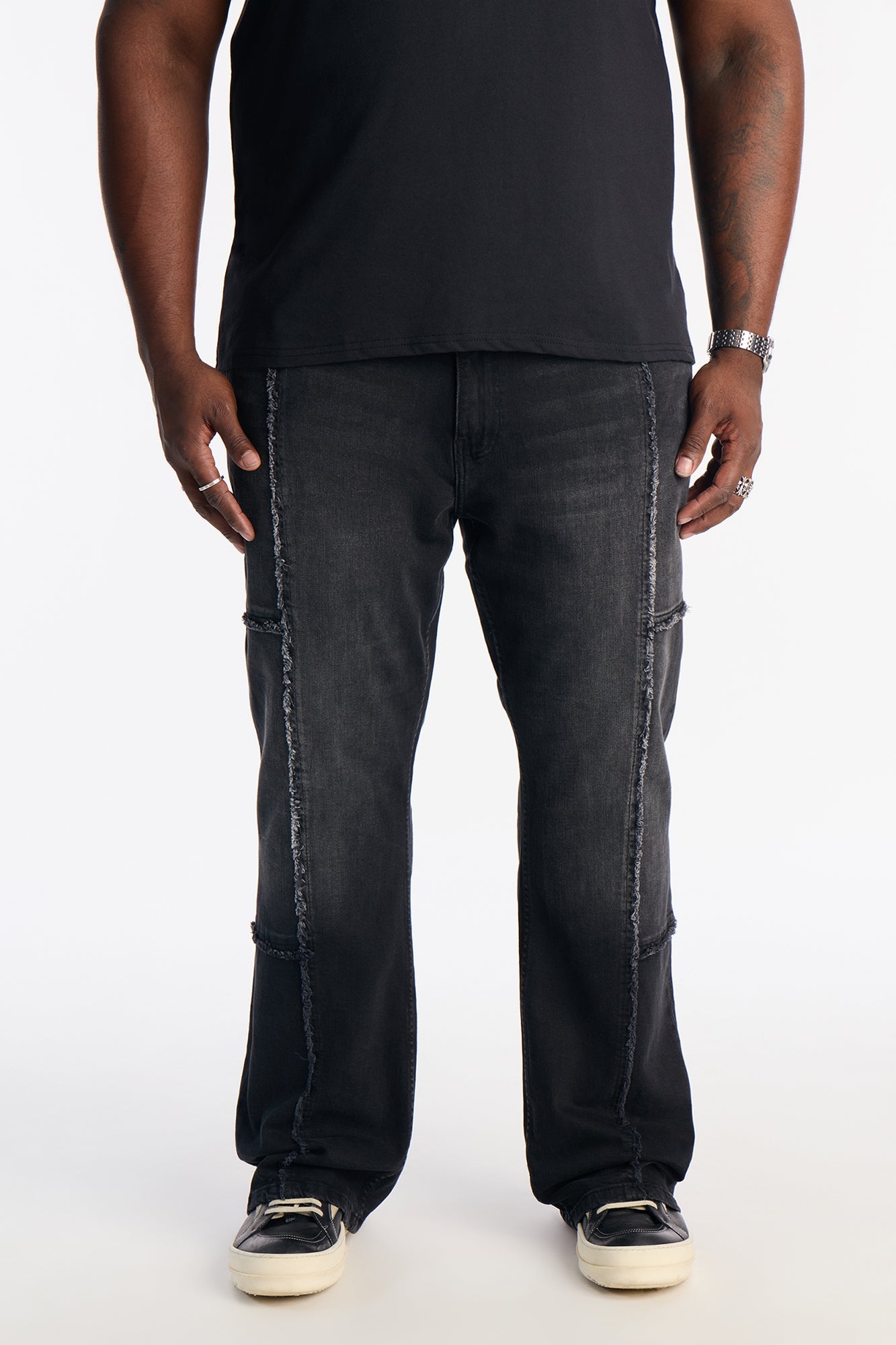 Stacked Skinny Flare Frayed Along Panel Jean - Black Wash