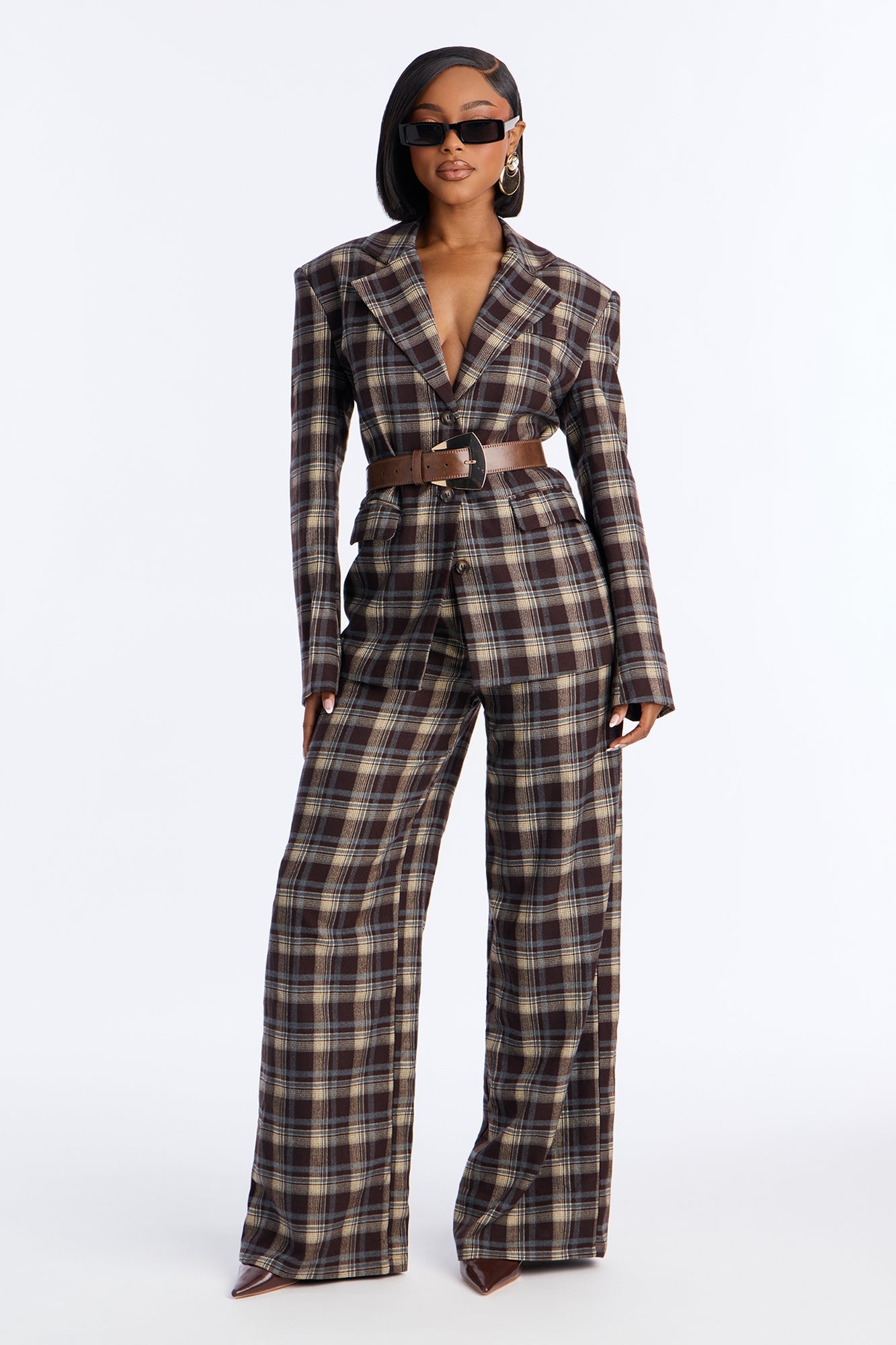 Fall Ready Plaid Blazer Belted Pant Set - Brown/combo
