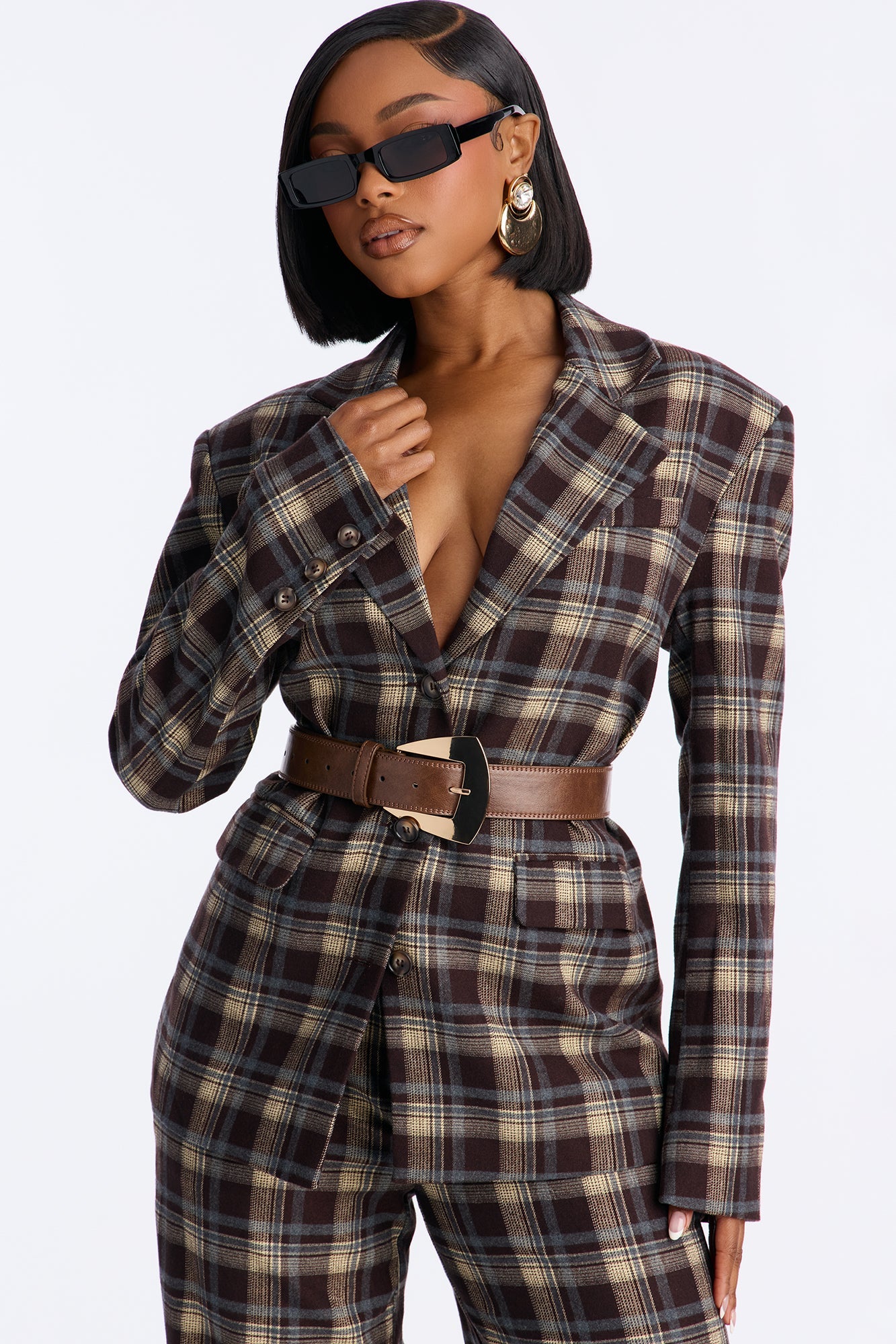 Fall Ready Plaid Blazer Belted Pant Set - Brown/combo