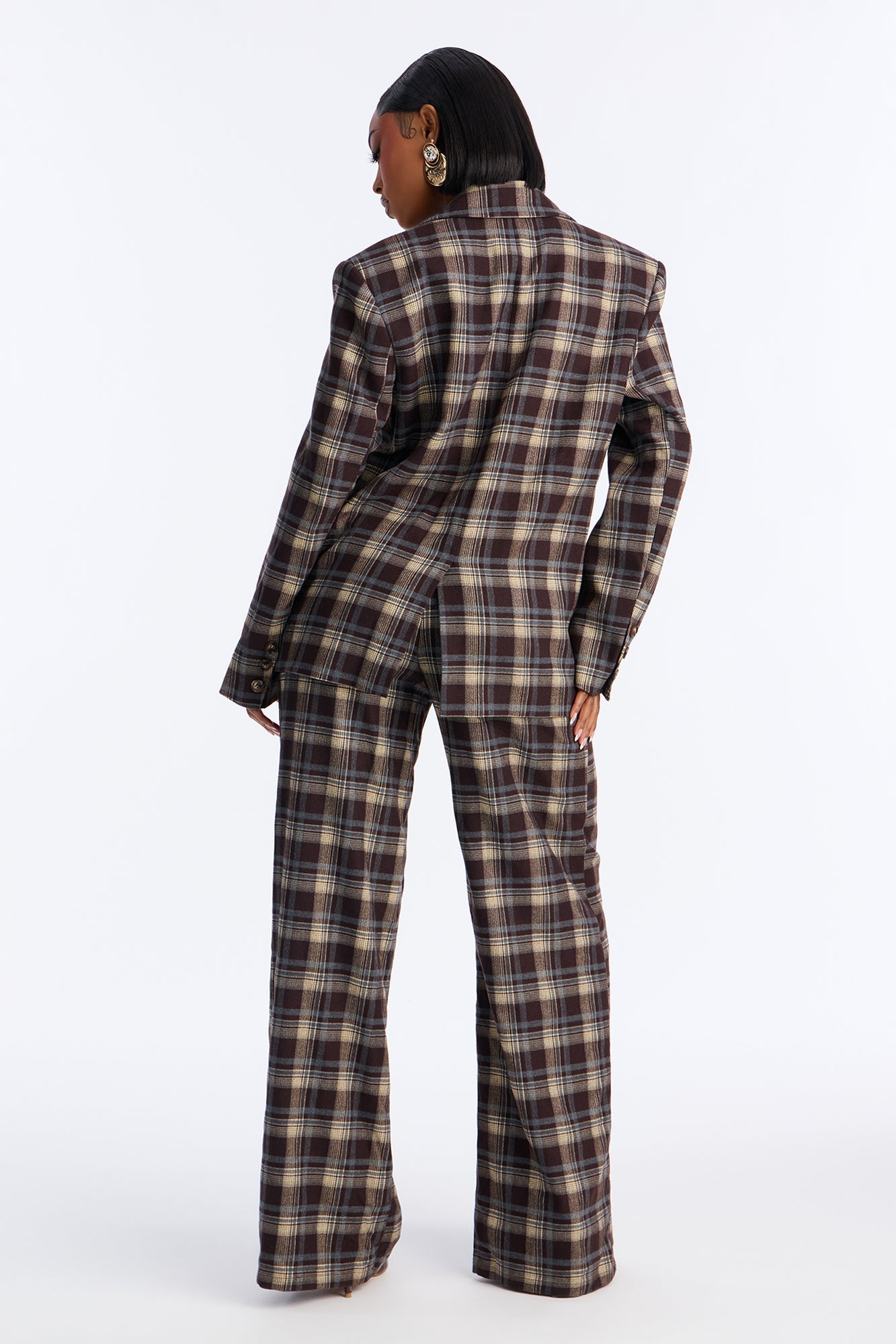 Fall Ready Plaid Blazer Belted Pant Set - Brown/combo