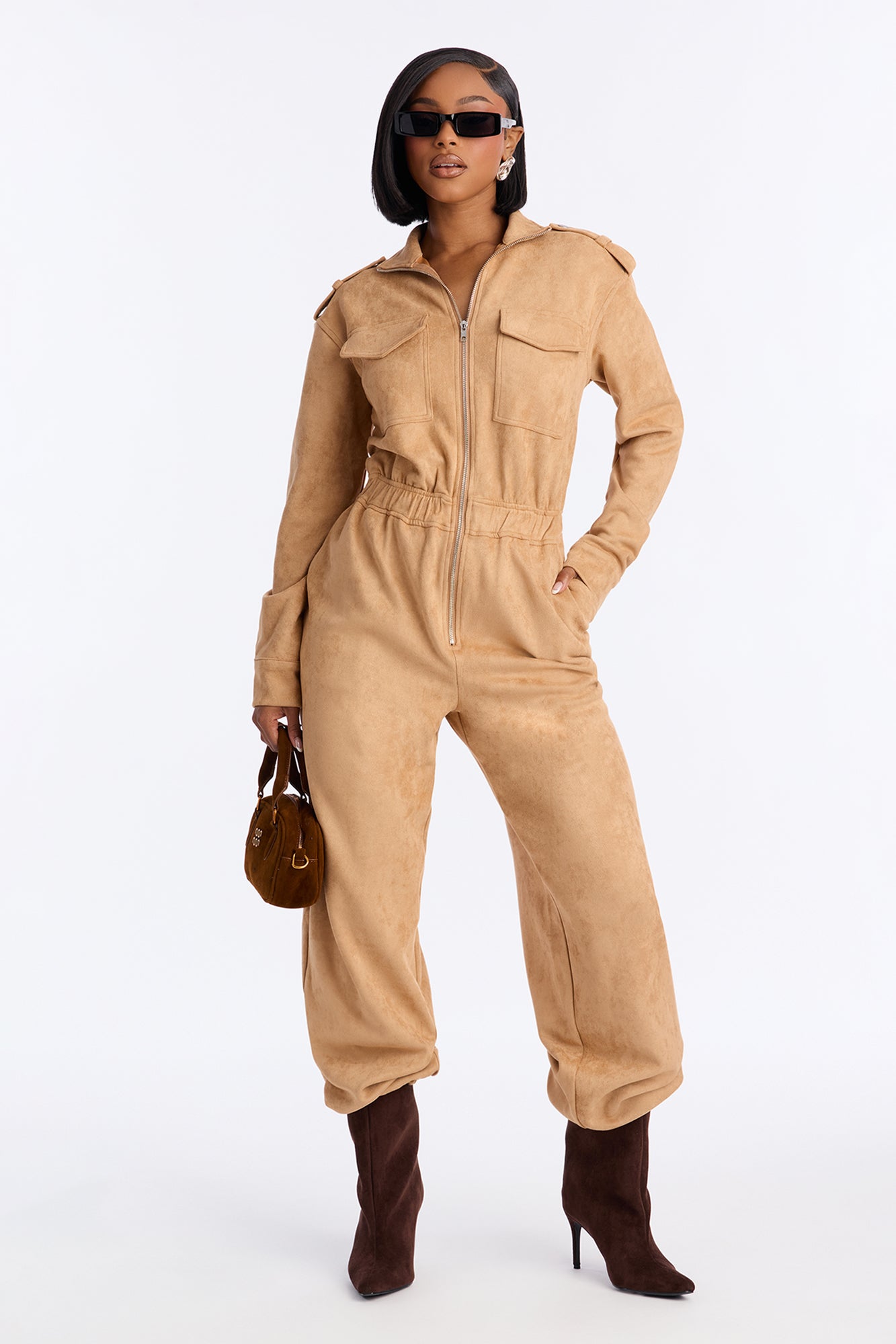 Sofia Suede Long Sleeve Cargo Jogger Jumpsuit - Taupe