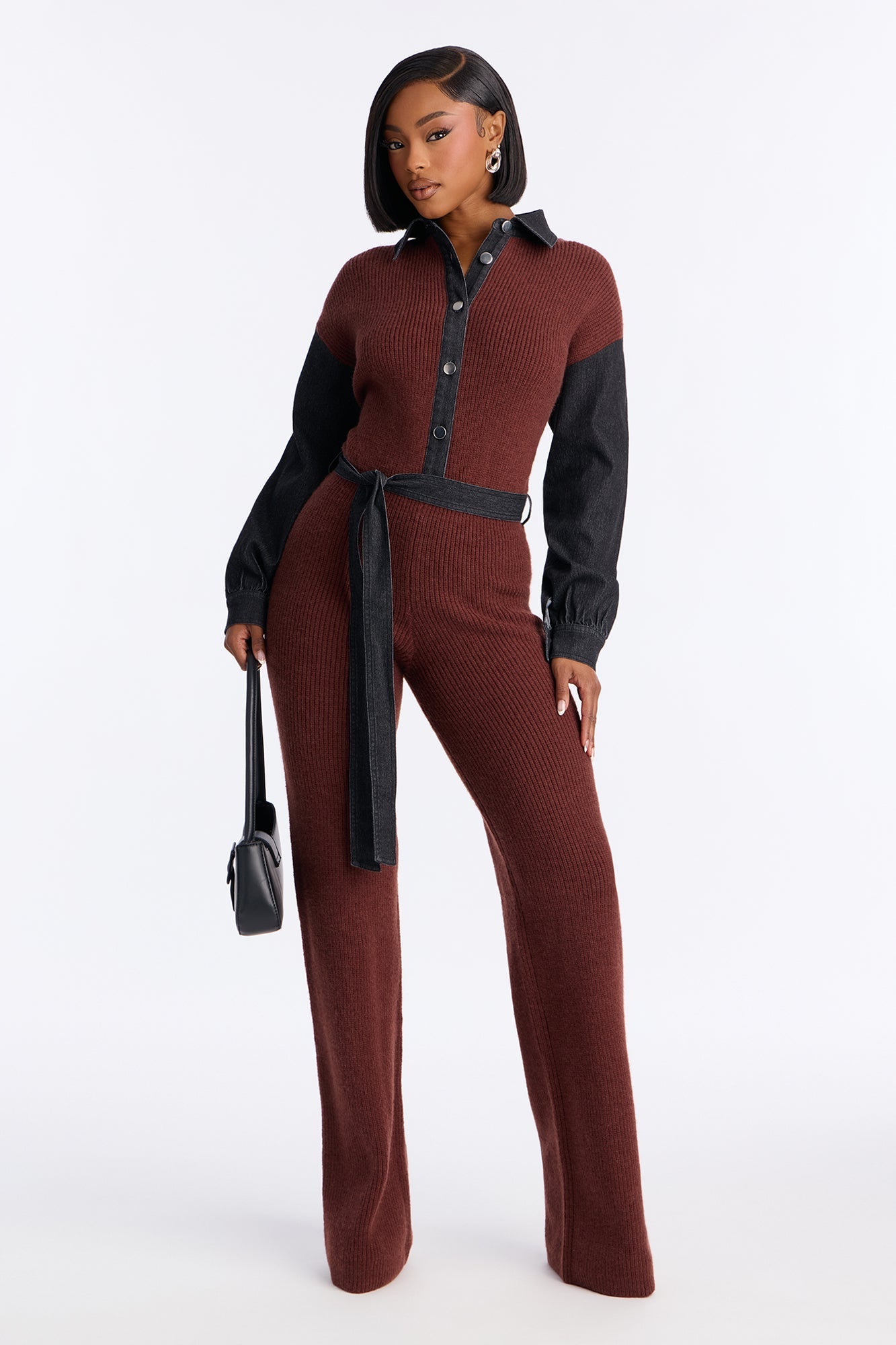 Maria Contrast Trim Collar Sweater Jumpsuit - Brown