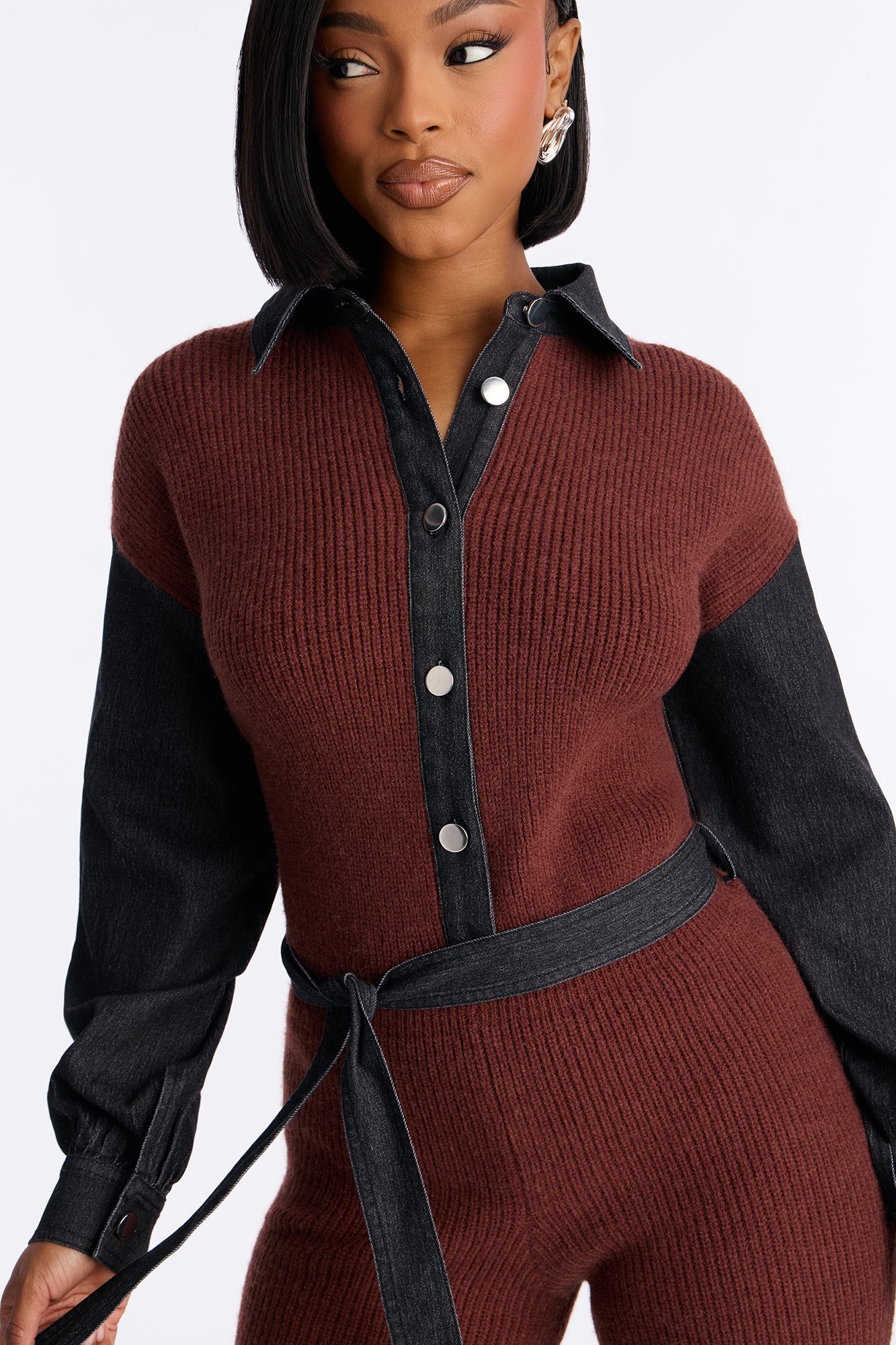 Maria Contrast Trim Collar Sweater Jumpsuit - Brown