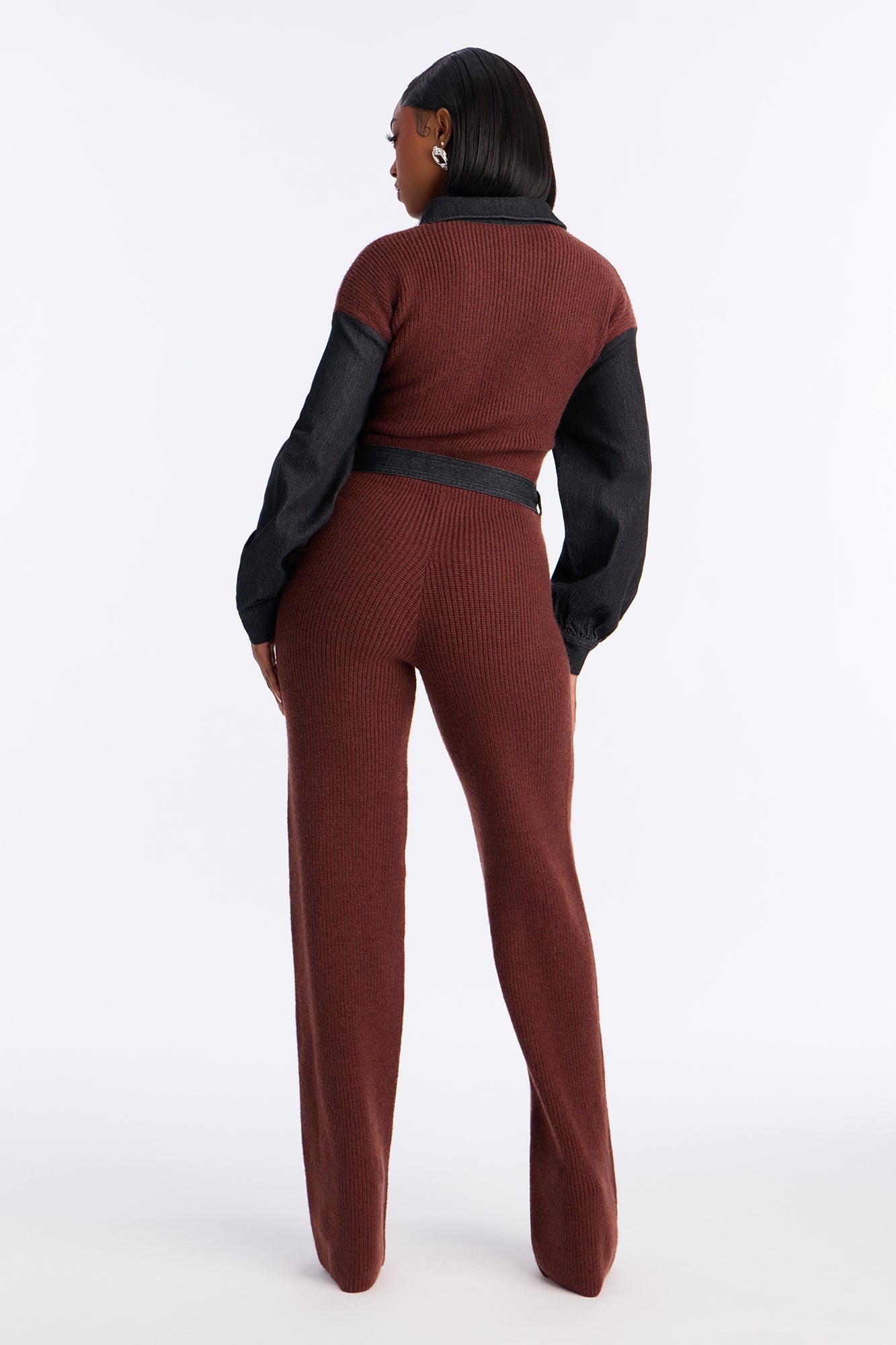 Maria Contrast Trim Collar Sweater Jumpsuit - Brown