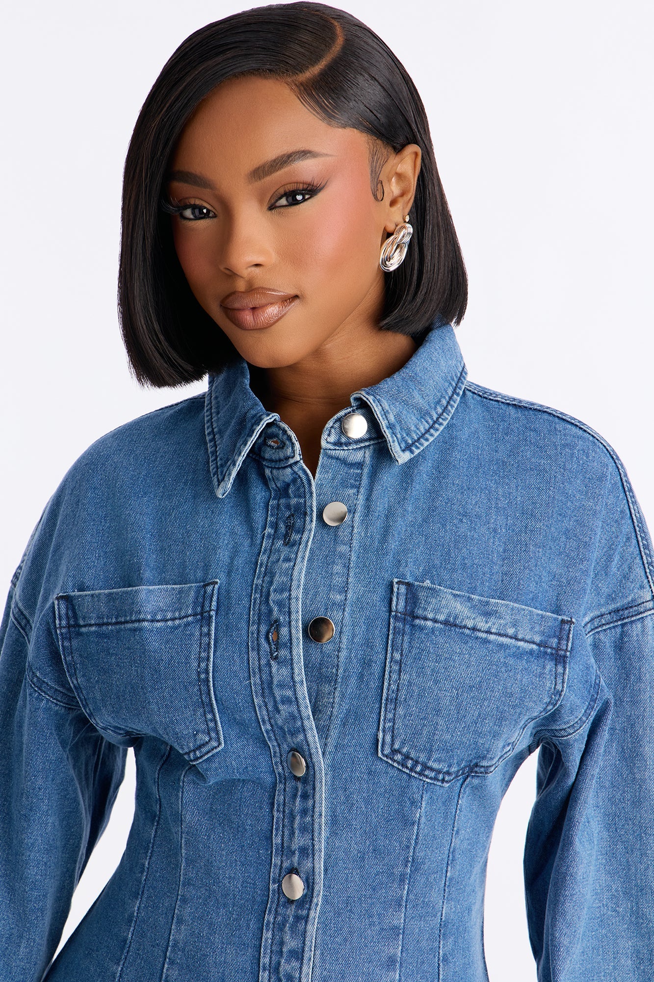 Burning Blue Long Sleeve Denim Mini Dress - Denim