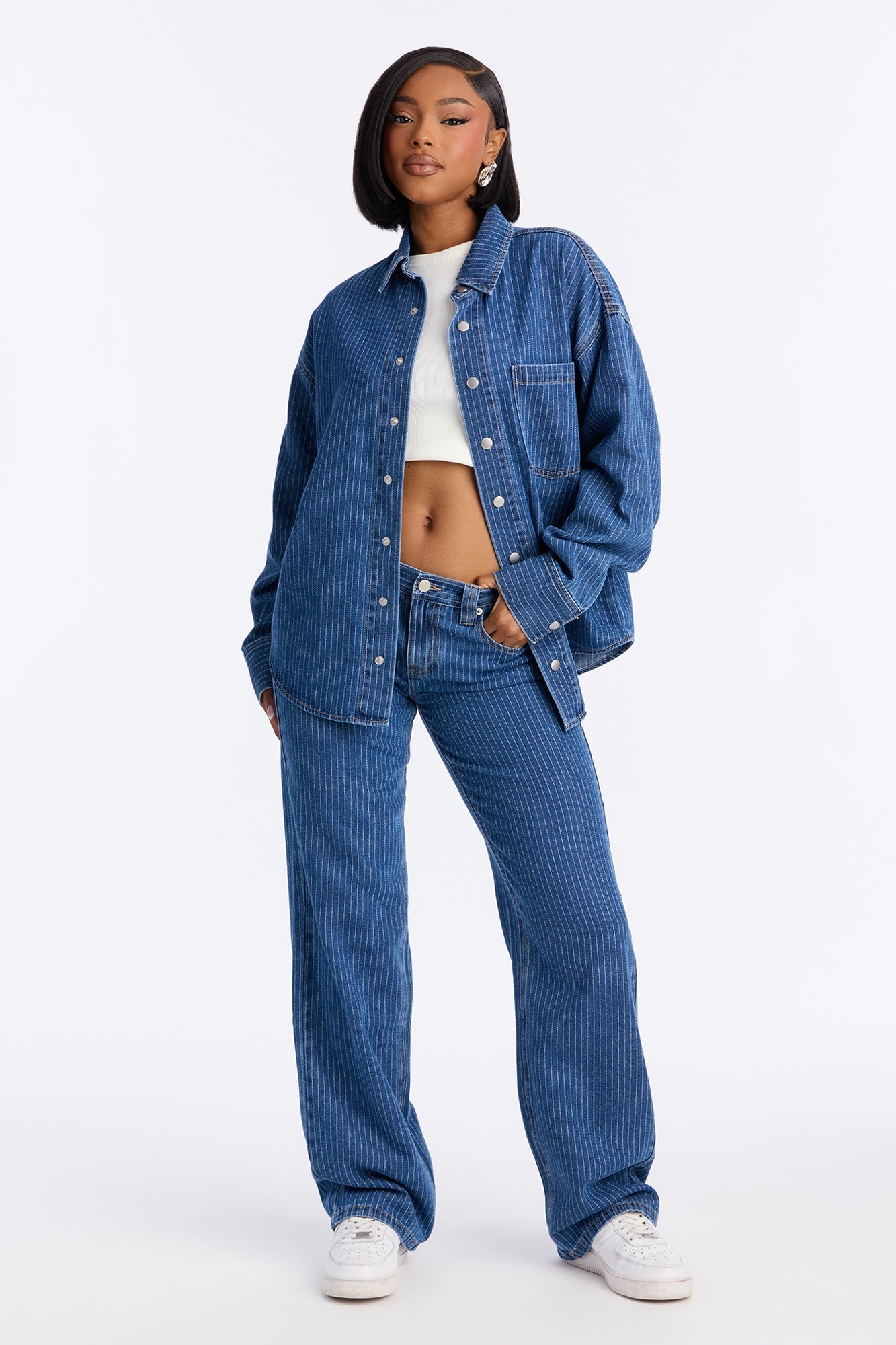 Makayla Pinstripe Denim Straight Leg Pant Set - Denim