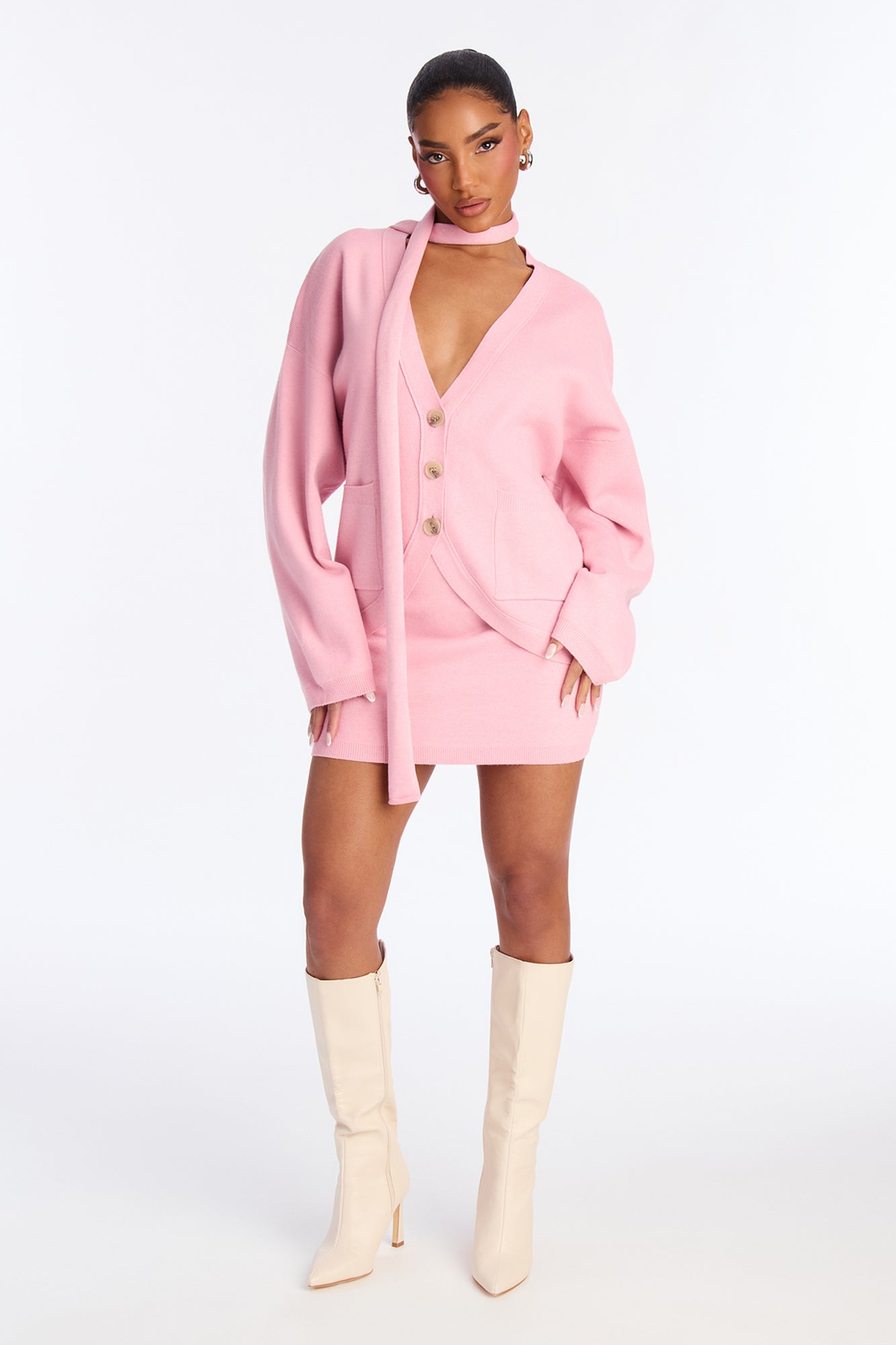 Eden 3 Piece Sweater Scarf Mini Skirt Set - Pink
