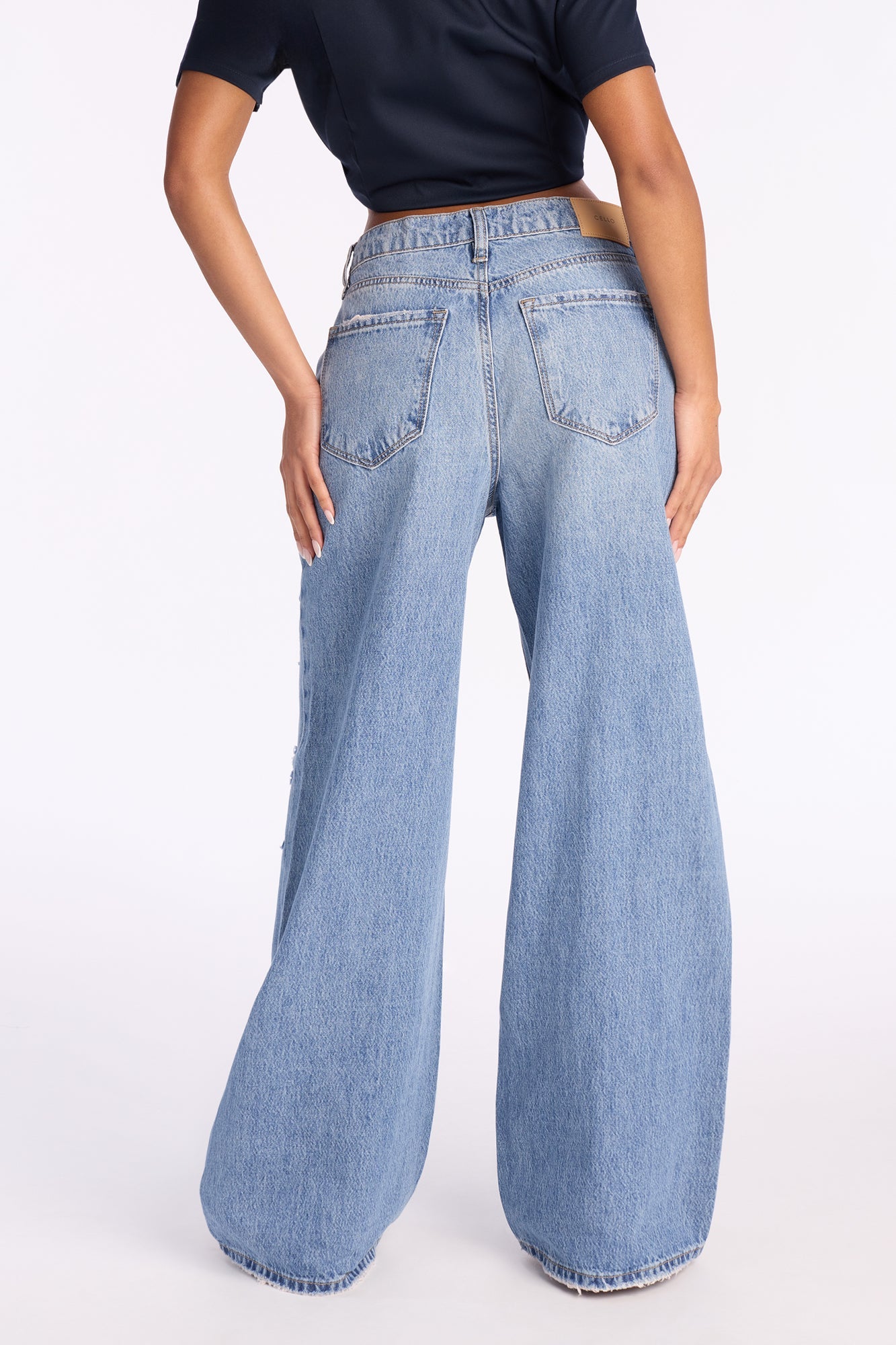 Normandie Non-Stretch Ripped Wide Leg Jeans - Medium Wash