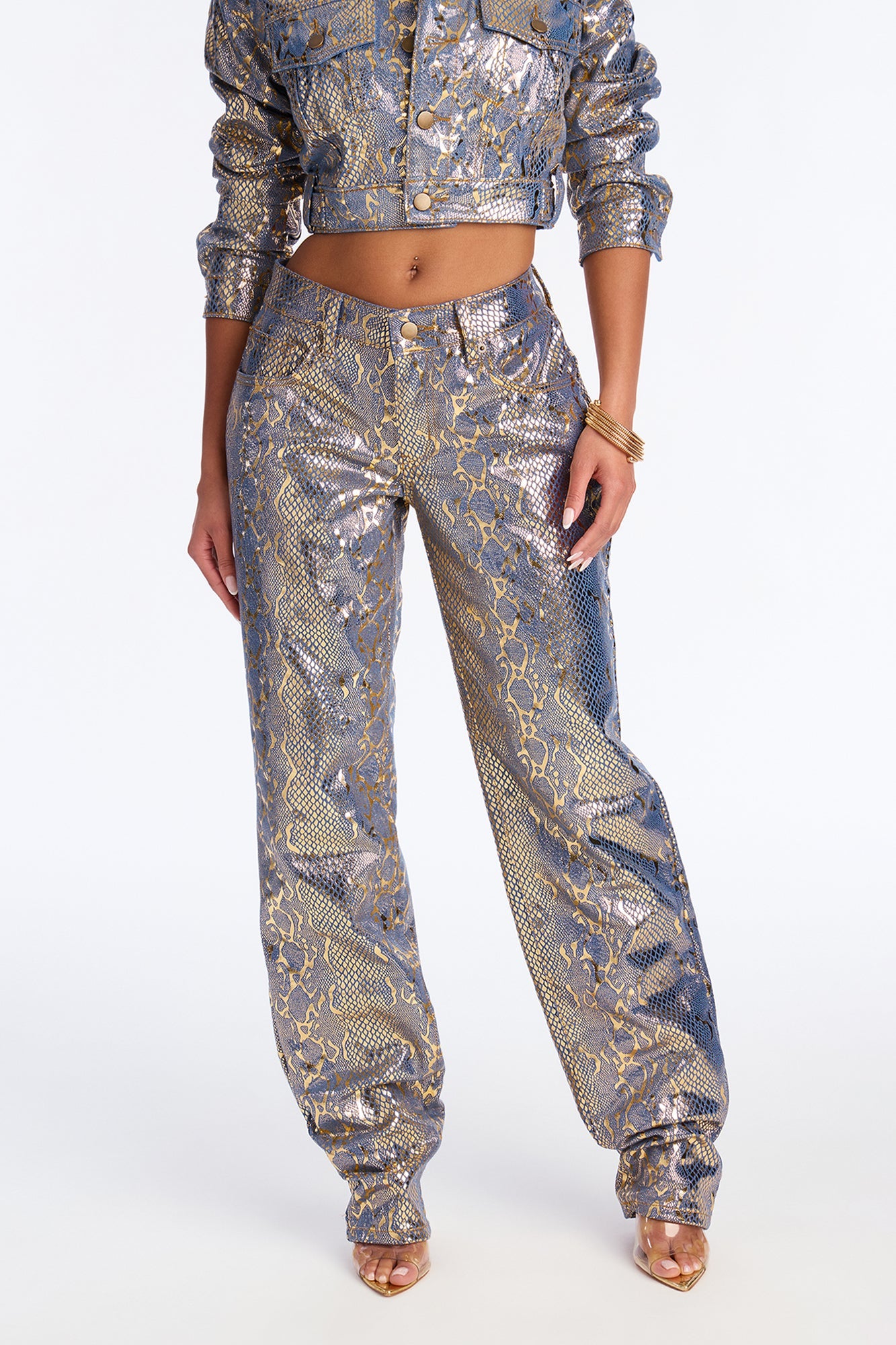 Sneaky Snake Foil Stacked Straight Leg Jeans - Gold