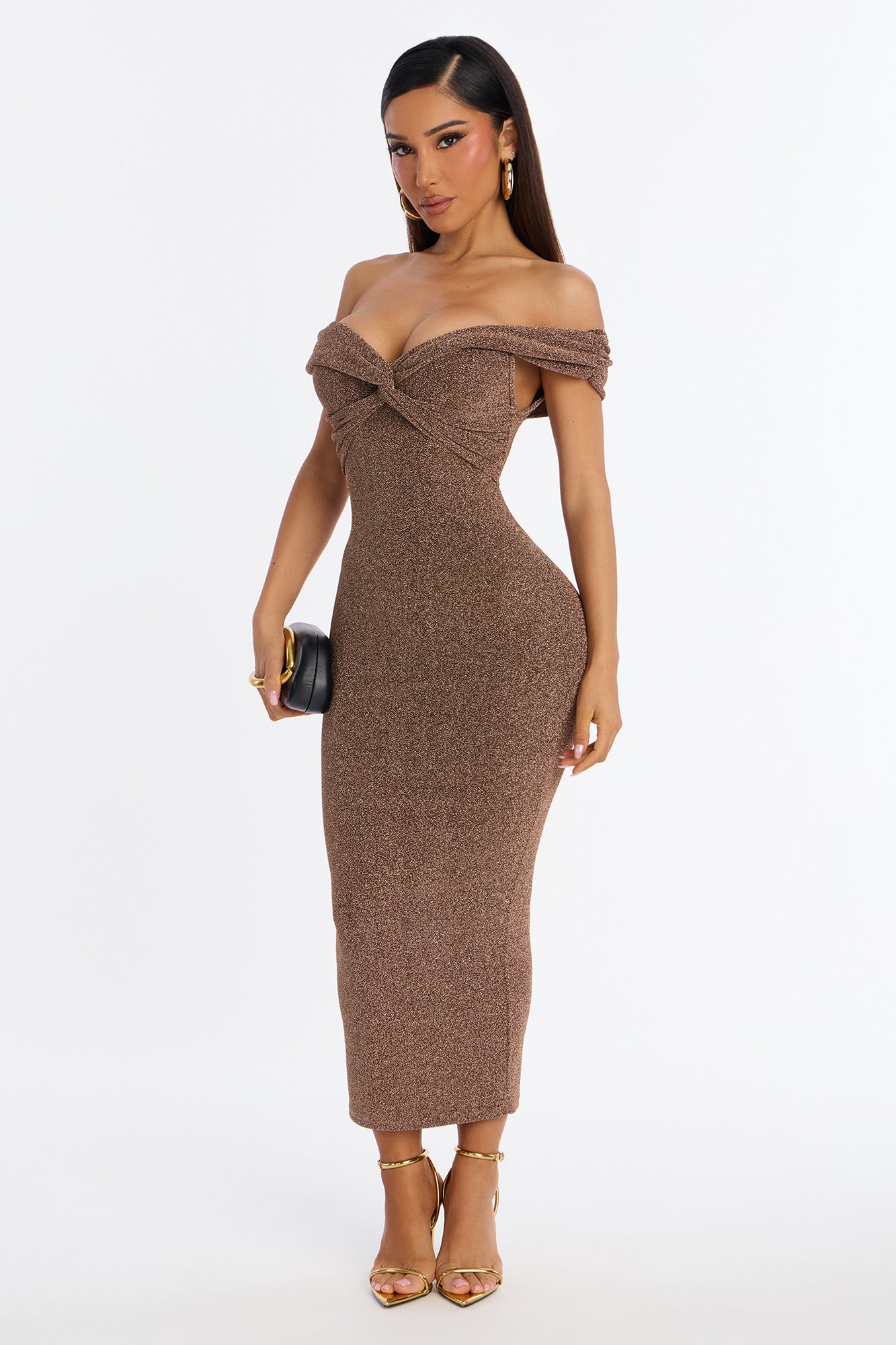 Oriana Off Shoulder Metallic Midi Dress - Gold