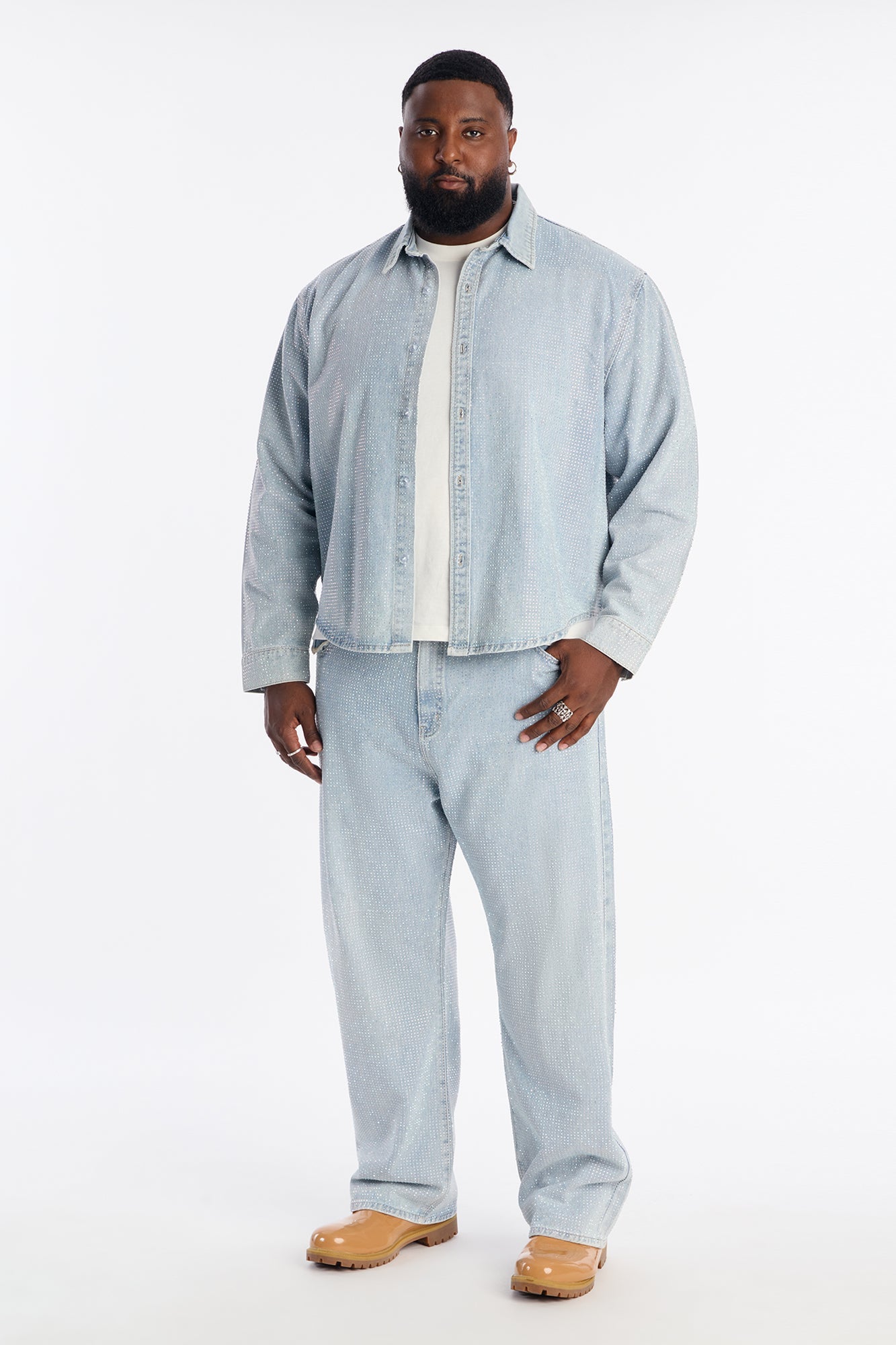 Baggy Jeweled Diamond Drift Jean - Light Wash