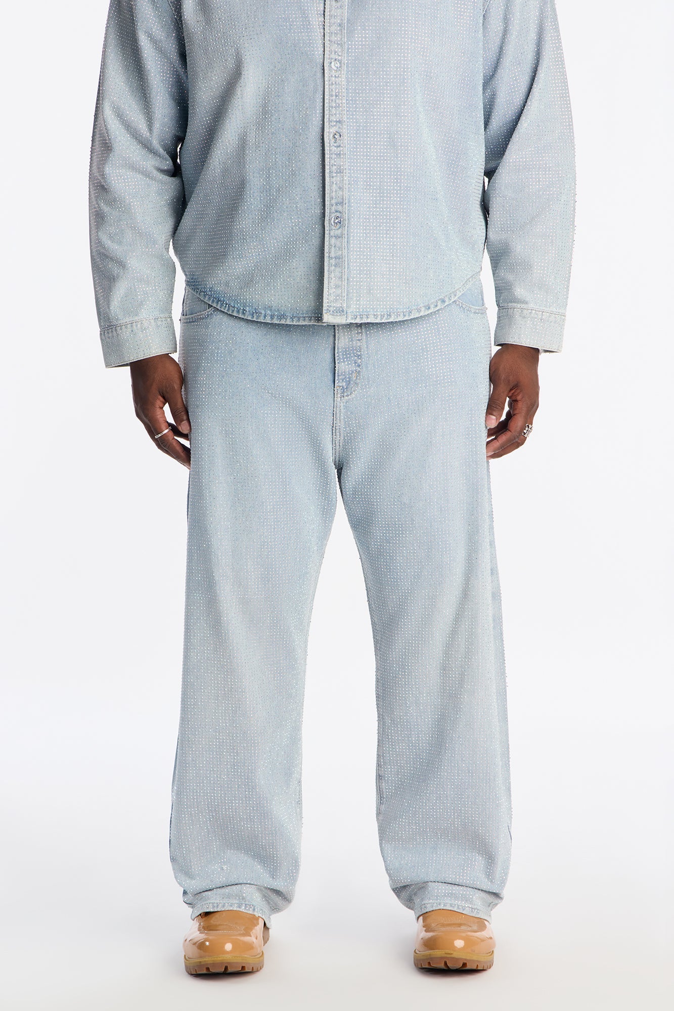 Baggy Jeweled Diamond Drift Jean - Light Wash