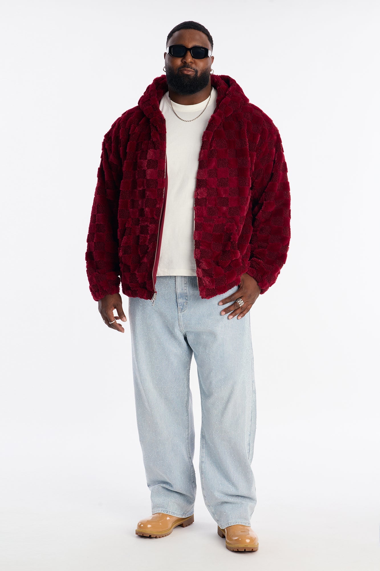 Relaxed Hooded Zip Checkered Faux Fur Jacket - Burgundy