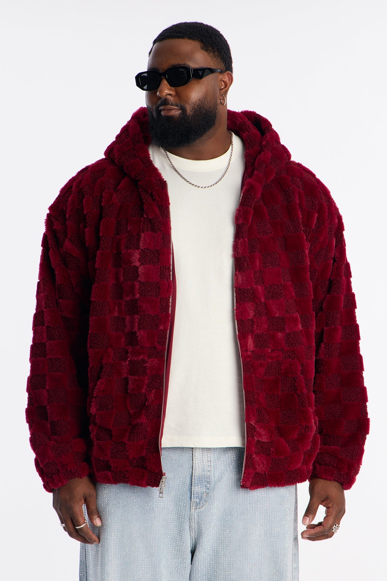 Relaxed Hooded Zip Checkered Faux Fur Jacket - Burgundy