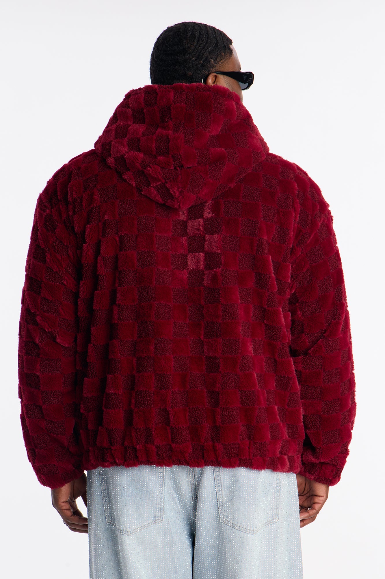 Relaxed Hooded Zip Checkered Faux Fur Jacket - Burgundy