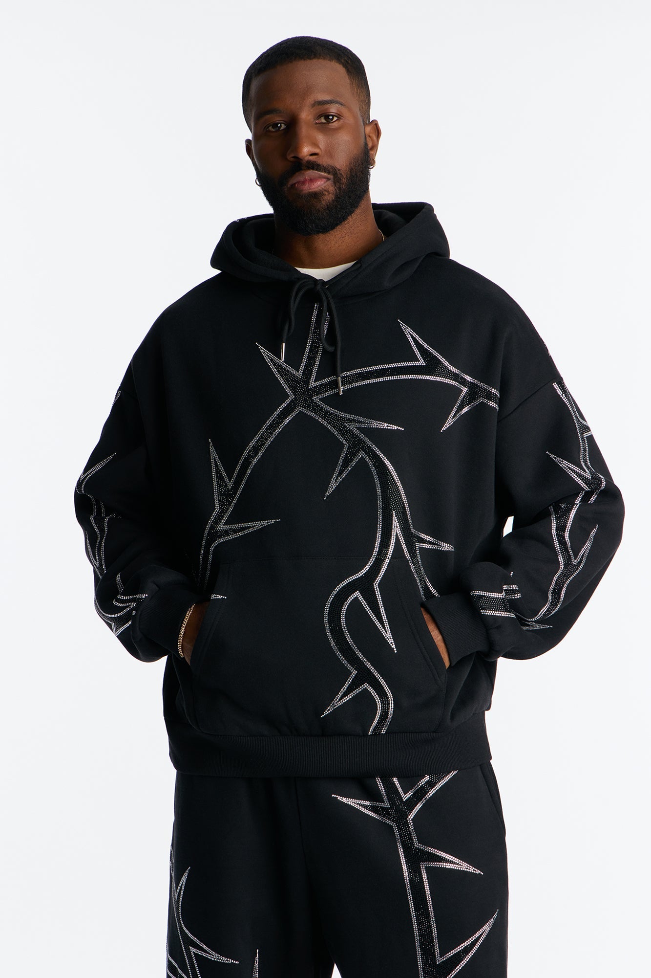 Thorn Rhinestone Oversized Hoodie - Black