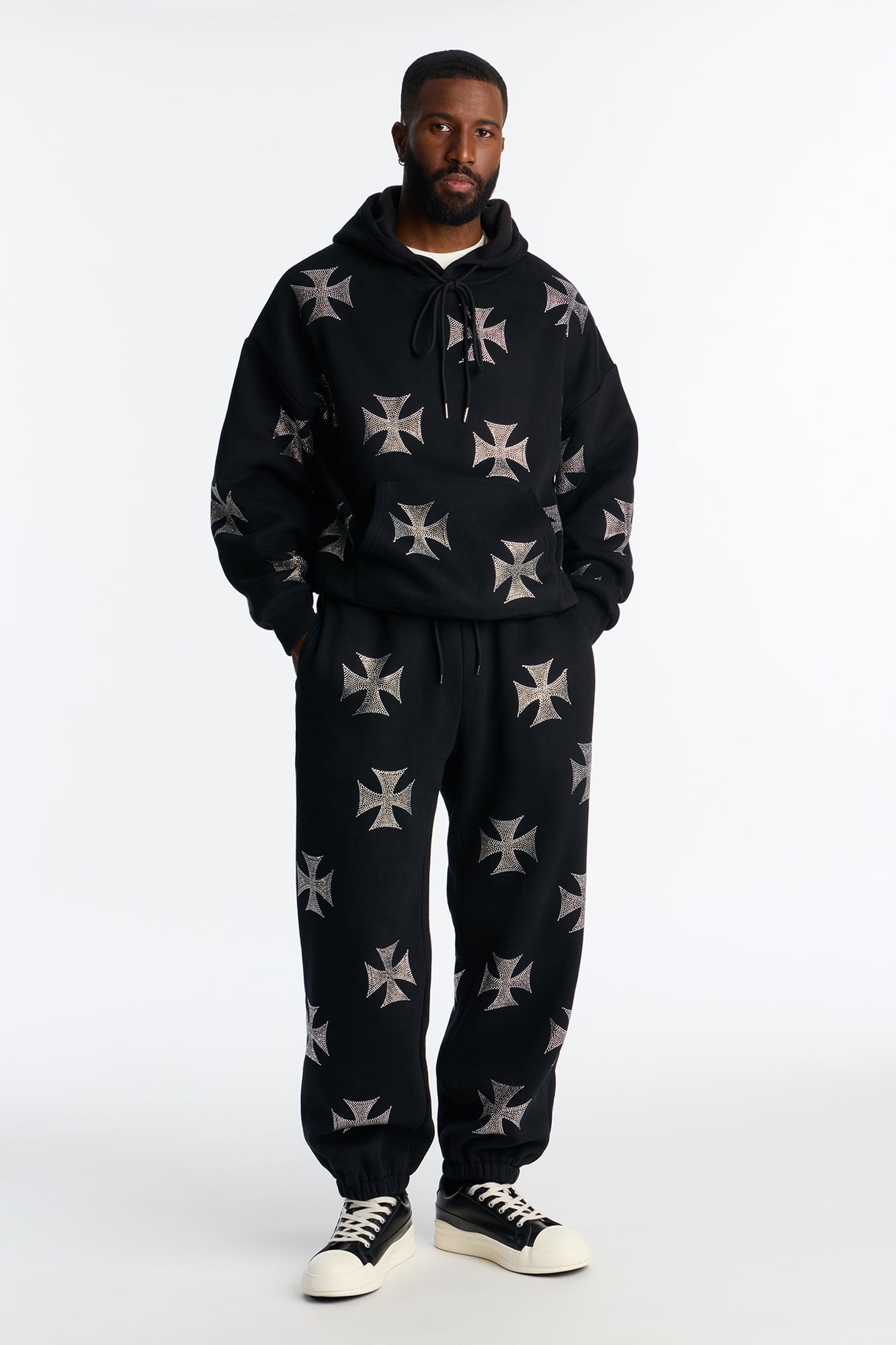 Crossed Out Rhinestone Oversized Hoodie - Black