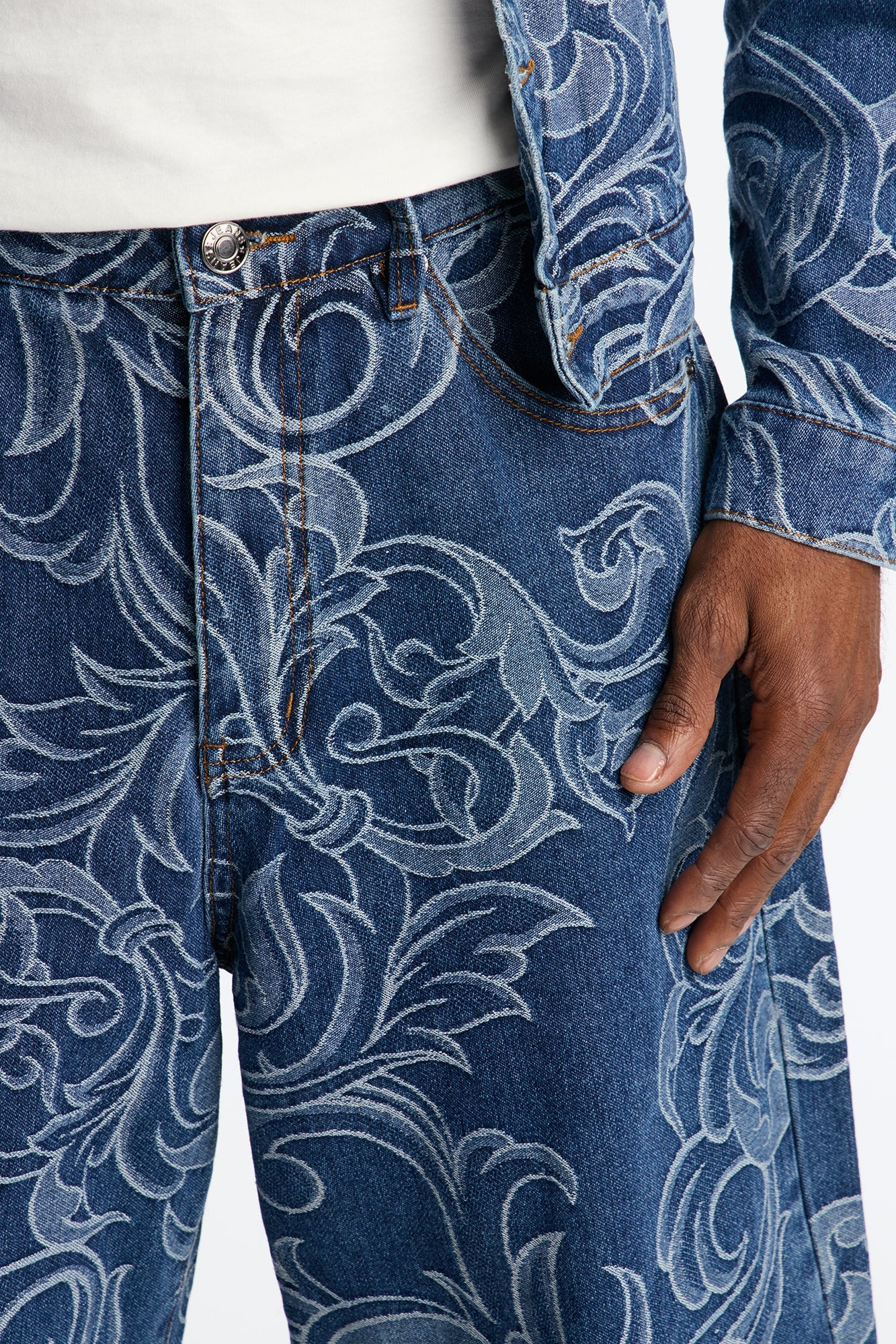 Baggy Baroque Jacquard Denim Shorts - Medium Blue Wash
