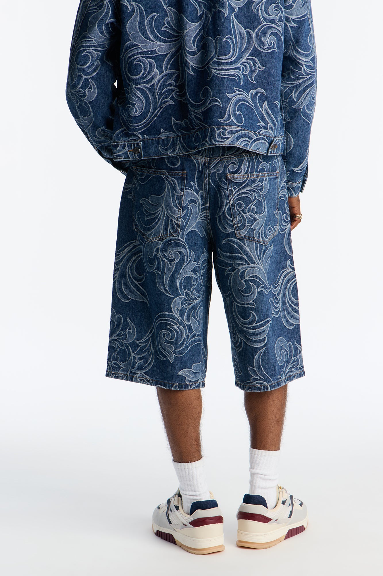 Baggy Baroque Jacquard Denim Shorts - Medium Blue Wash