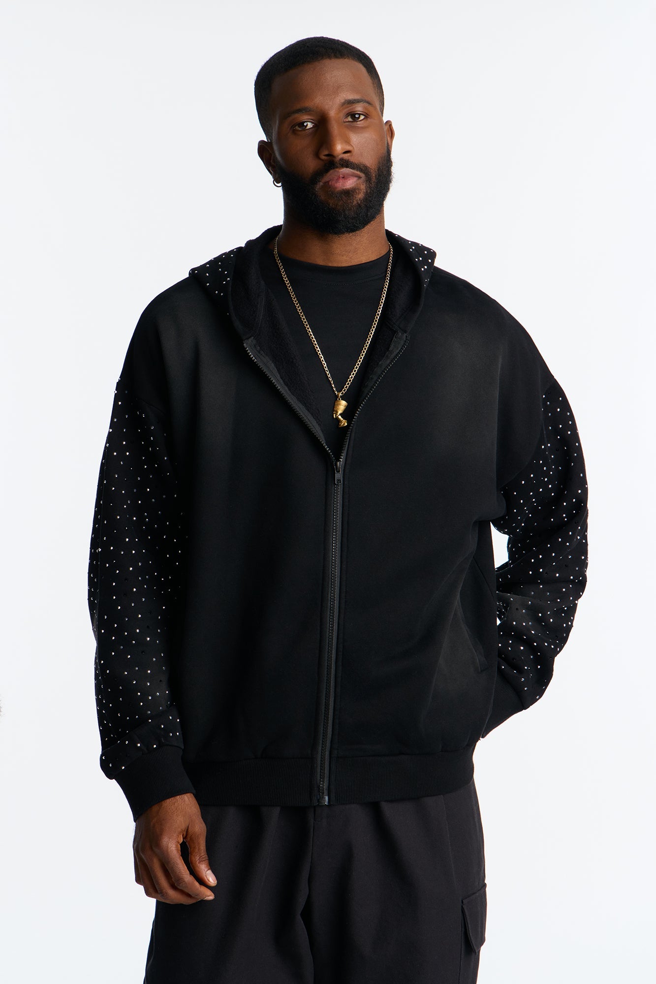 City Code Embellished Zip Up Hoodie - Black