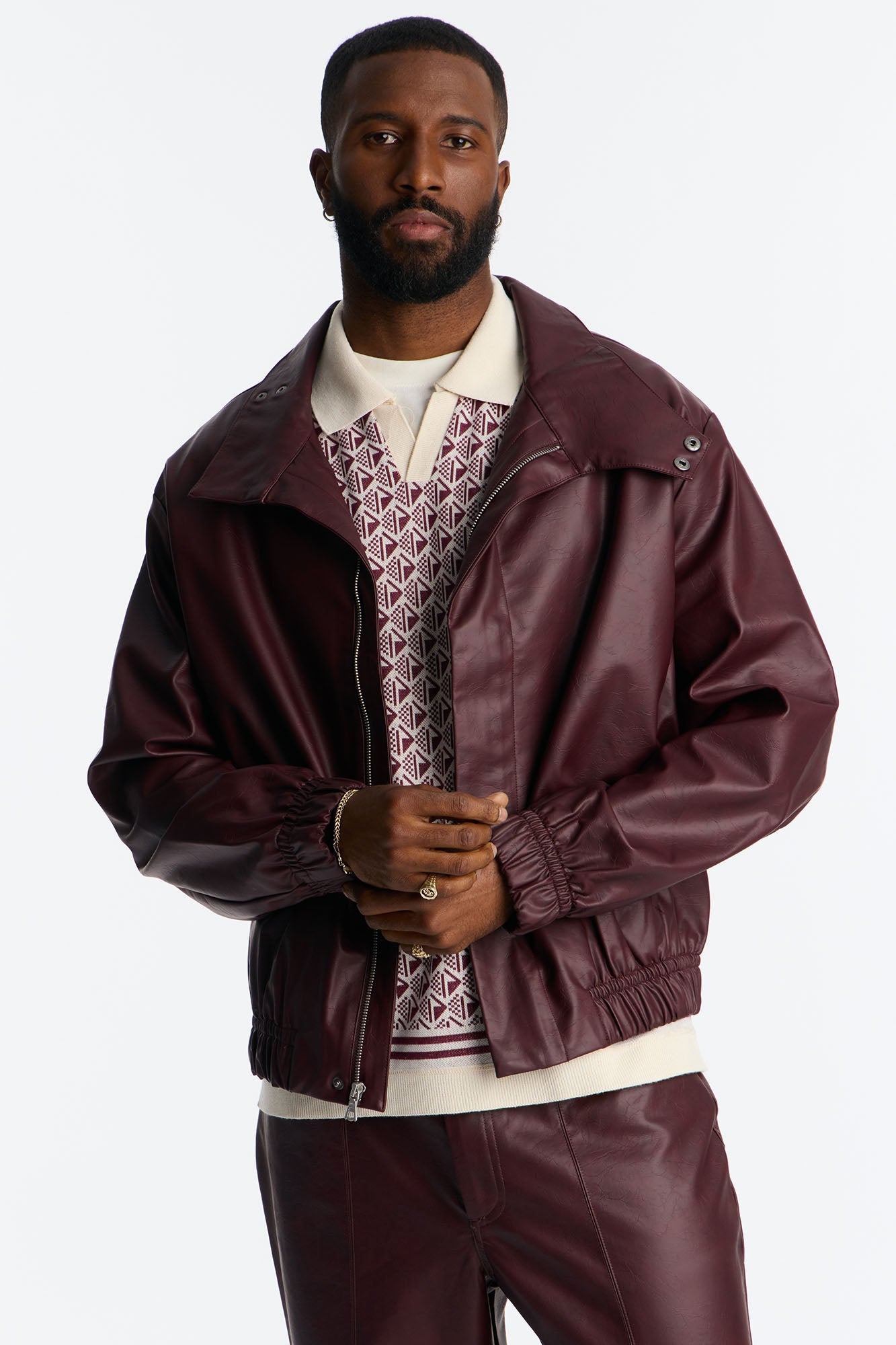 Unlimited Textured Faux Leather Bomber Jacket - Burgundy