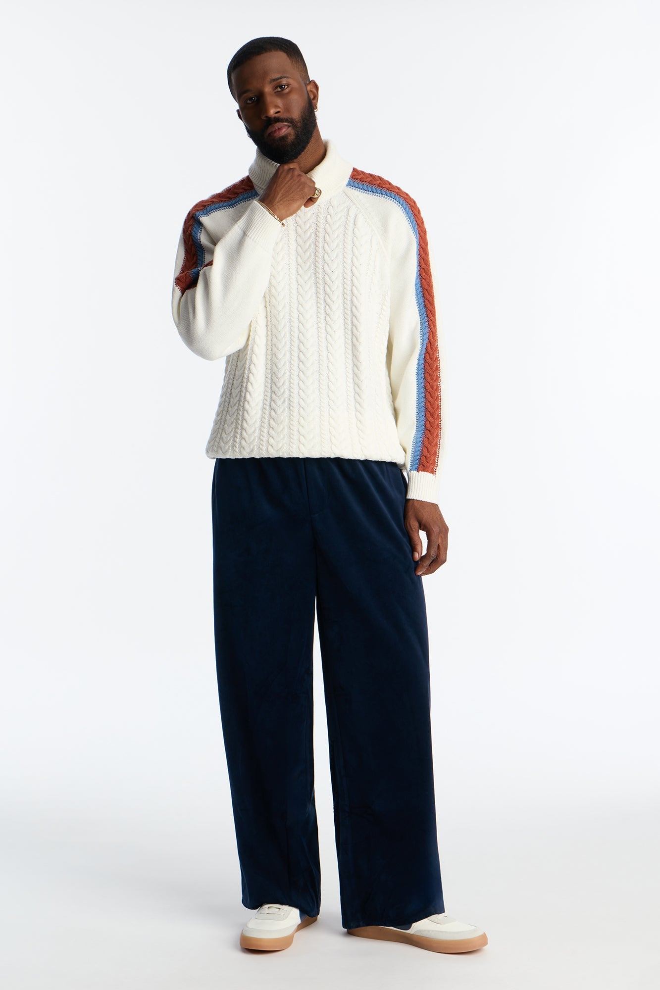 Cable Knit Turtle Neck Contrast Sweater - Cream