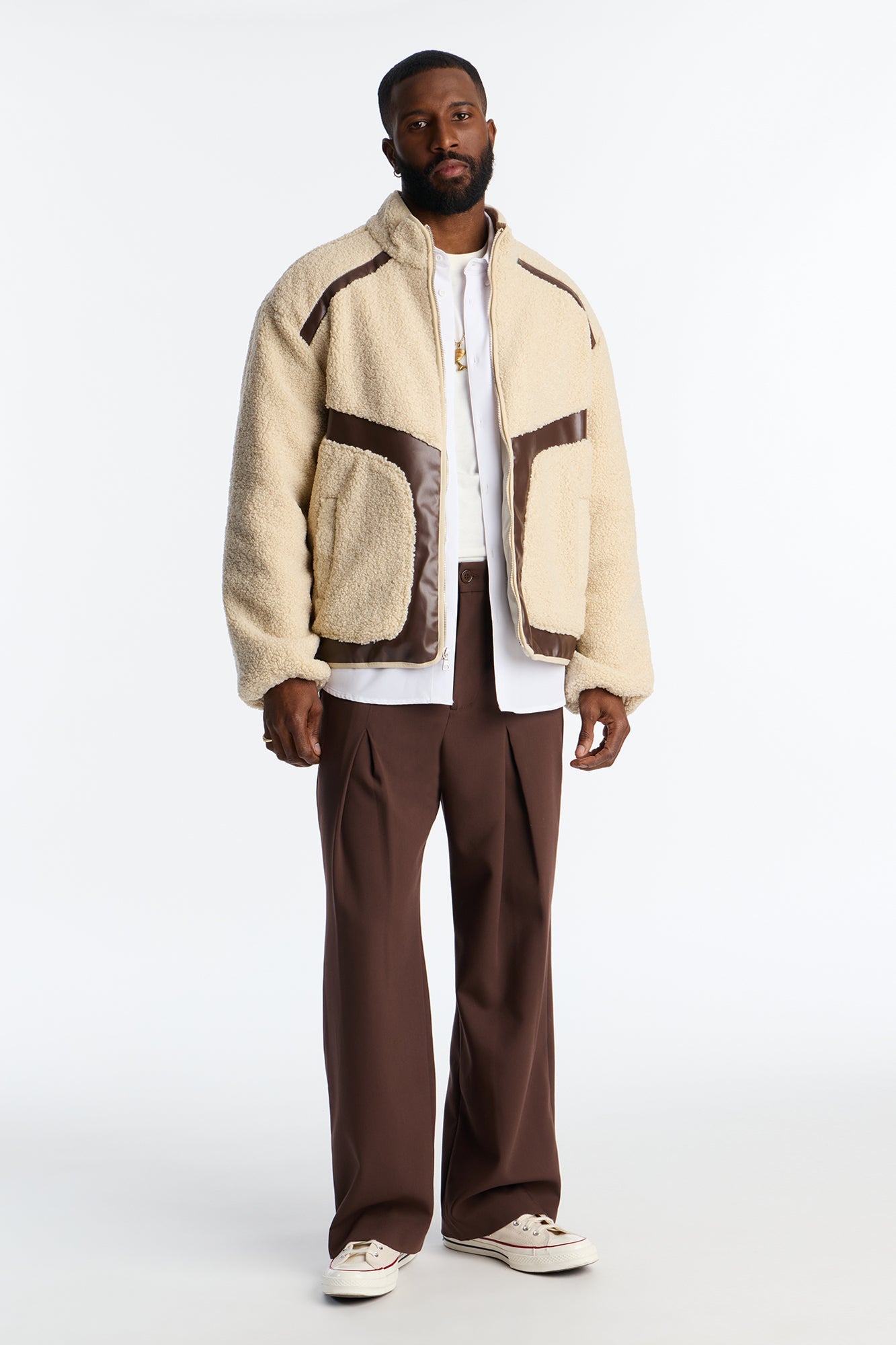 Oversized Sherpa Faux Leather Paneled Jacket - Cream
