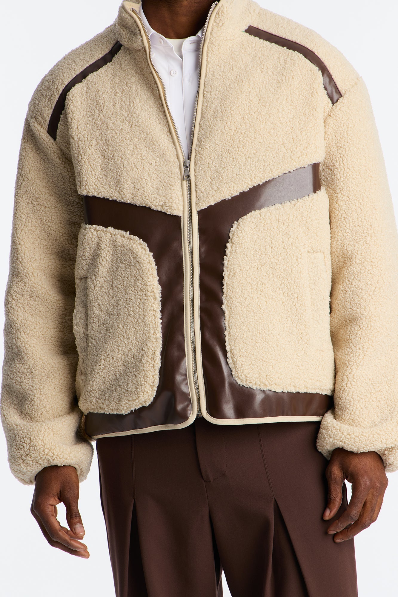 Oversized Sherpa Faux Leather Paneled Jacket - Cream