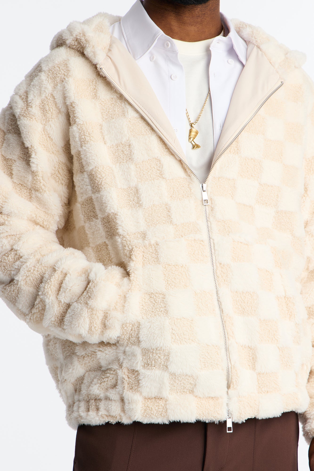 Relaxed Hooded Zip Checkered Faux Fur Jacket - Cream