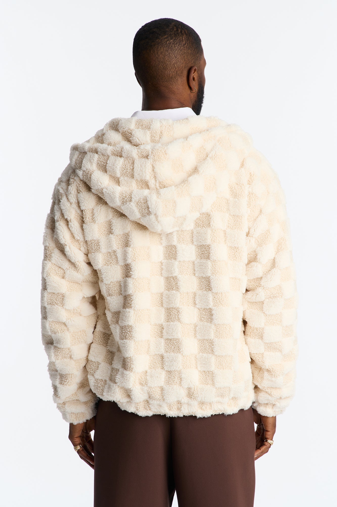 Relaxed Hooded Zip Checkered Faux Fur Jacket - Cream