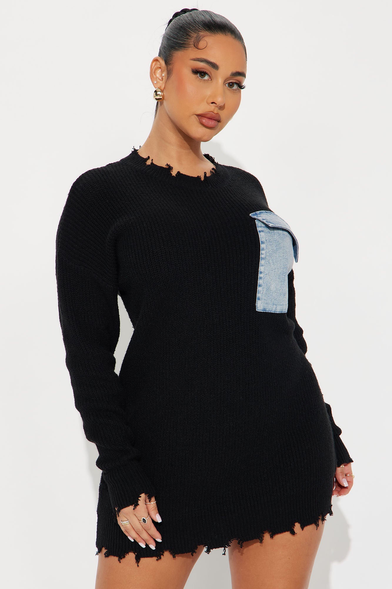 Peace Of Mind Distressed Sweater Mini Dress - Black