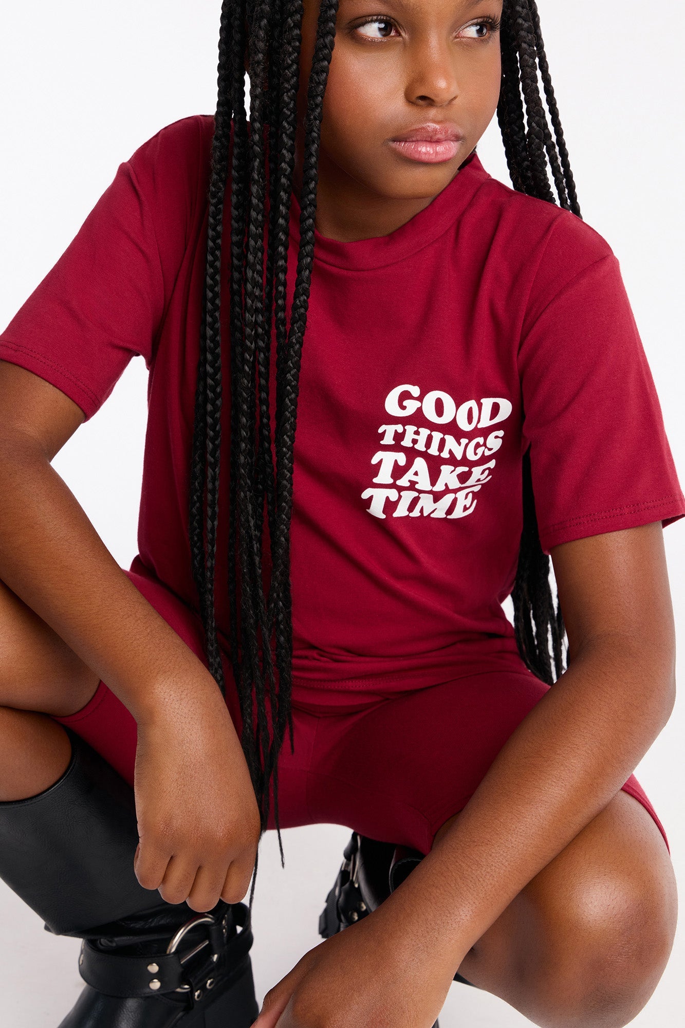 Mini Good Things Take Time Biker Short Set - Burgundy