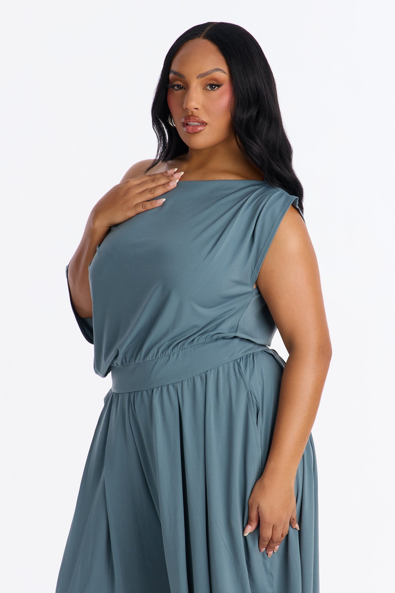 Belina Balloon Leg Off Shoulder Jumpsuit - Slate Blue