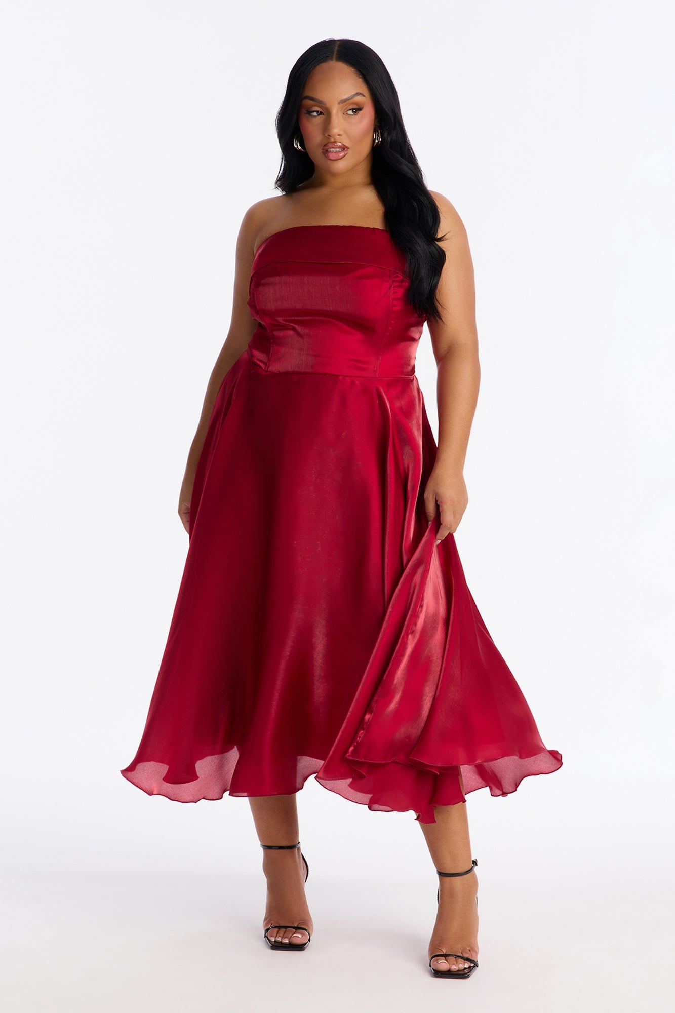 Natasha Strapless Organza Midi Dress - Wine