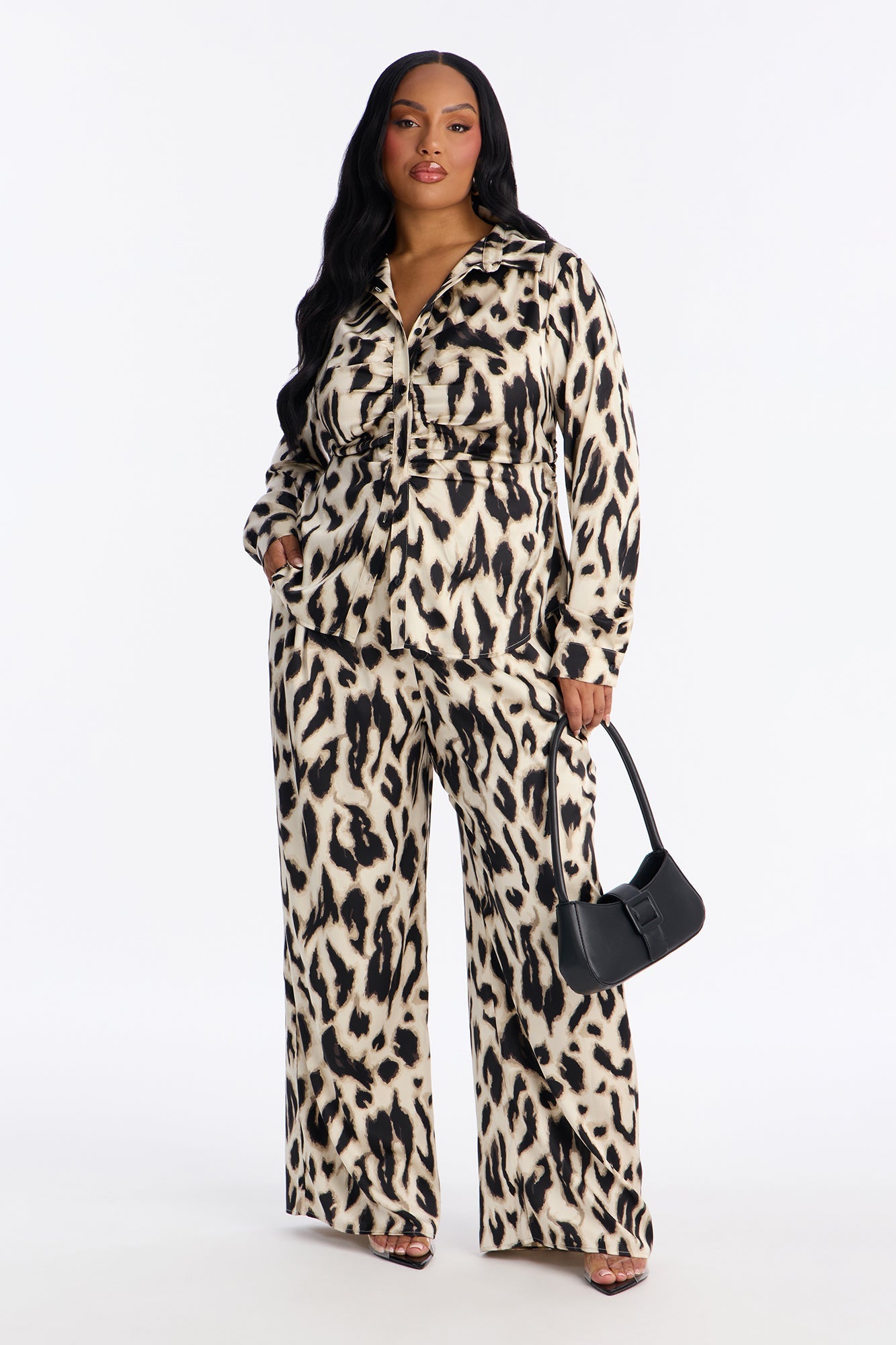 Neveah Satin Shirt Pant Set - Black/combo