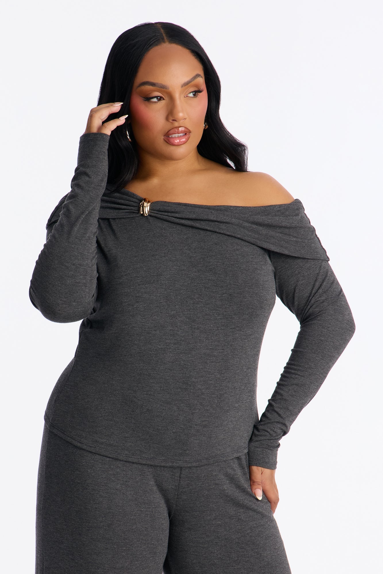 Valerie Off Shoulder Wide Leg Pant Set - Charcoal