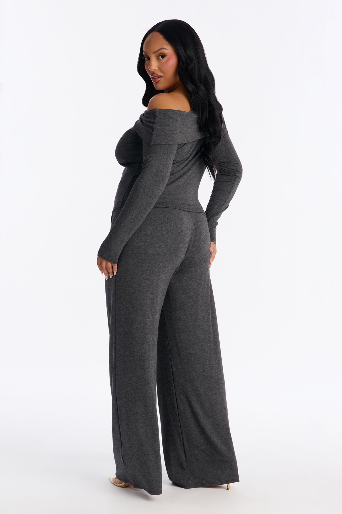 Valerie Off Shoulder Wide Leg Pant Set - Charcoal