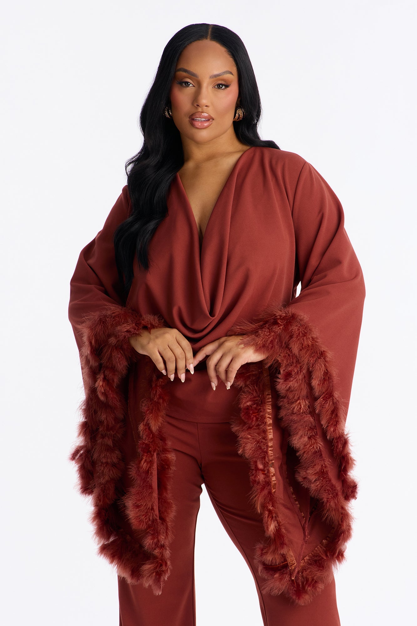 High Maintenance Drama Sleeve Feathered Pant Set - Marsala