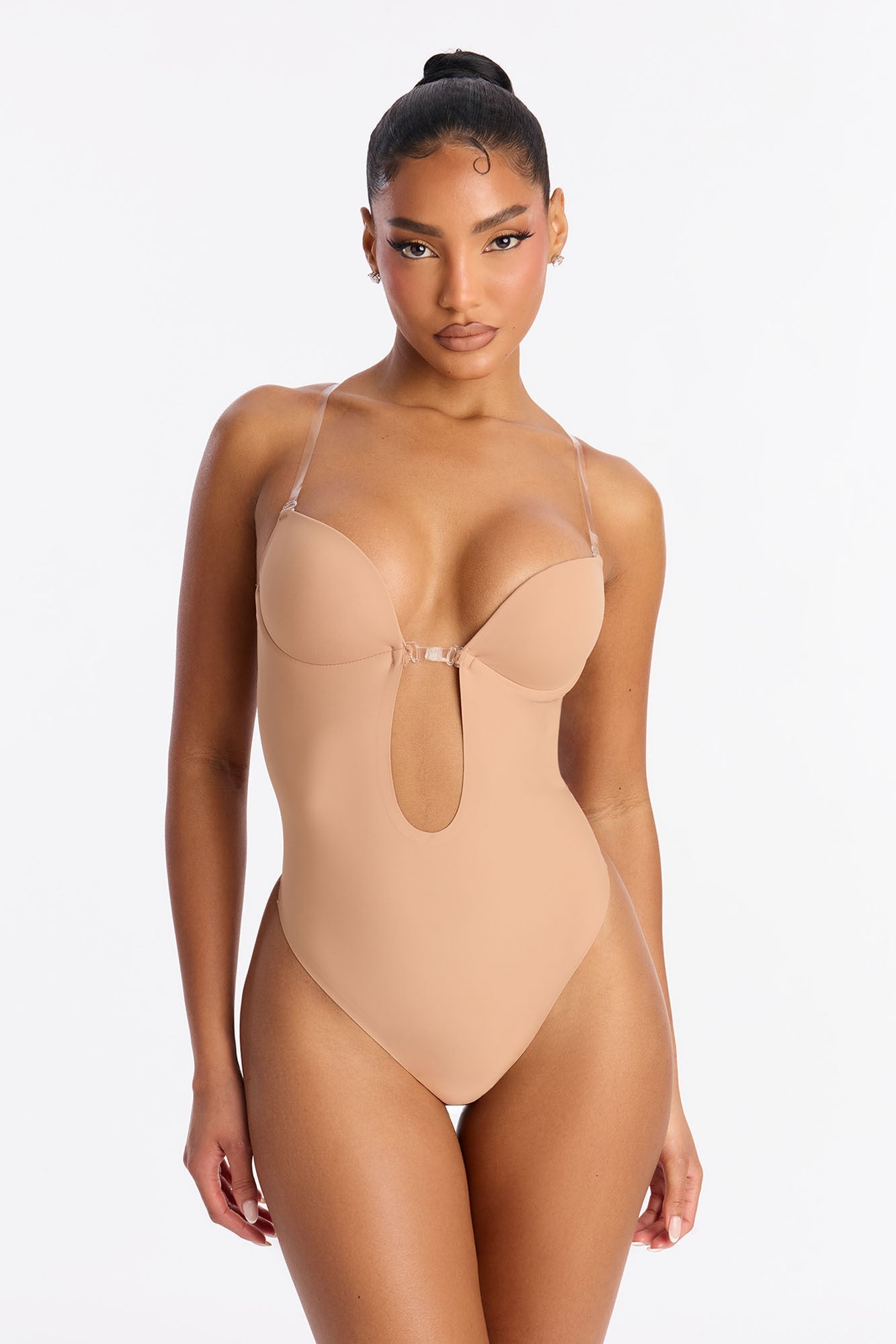 No Show Microfiber Clear Strap Plunge Thong Bodysuit - Nude
